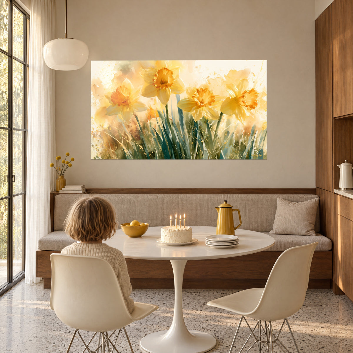 Schilderij wilde boeket van saffraan- en crèmekleurige narcissen, amberkleurige aquarelvlekken, muur van een eetkamer, familiefeest