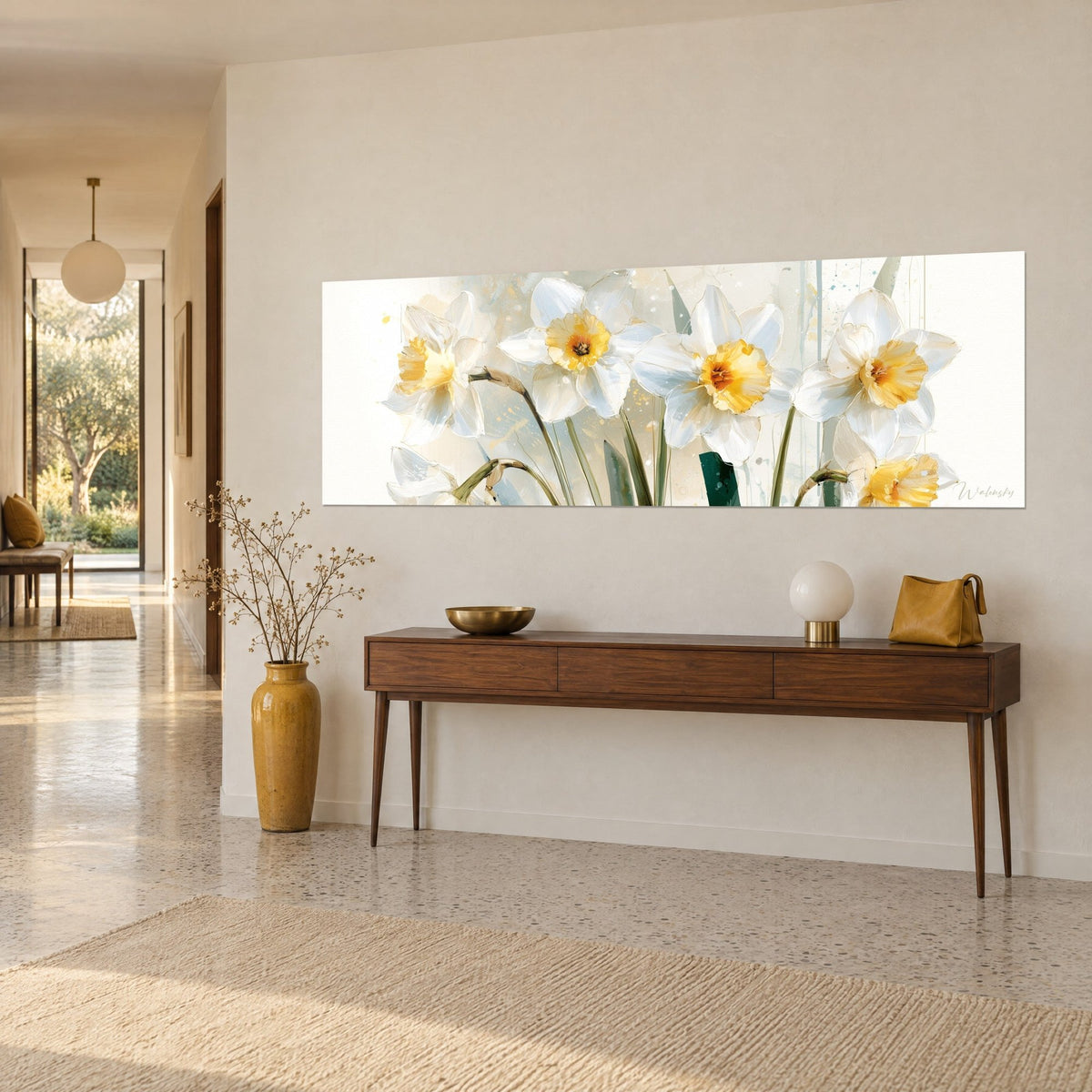Wall art ivory daffodils with saffron crowns, curved moss-green stems, soft beige background, wooden console in a light hallway