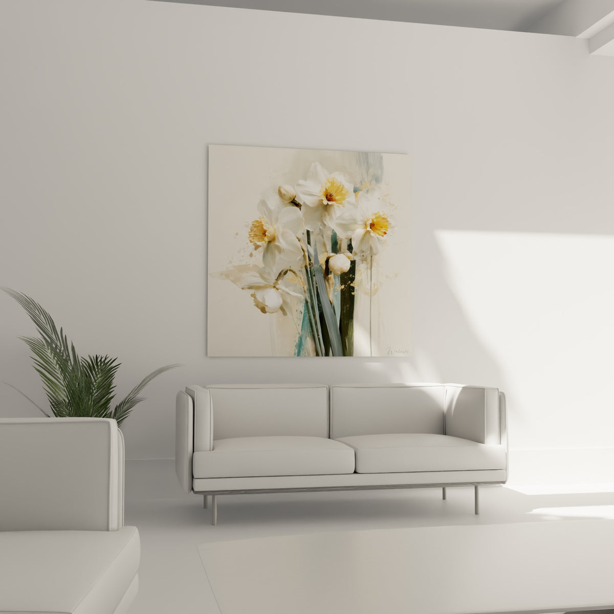 Fleurs de jonquille ivoire et dorées installées au-dessus d'un canapé dans un salon lumineux