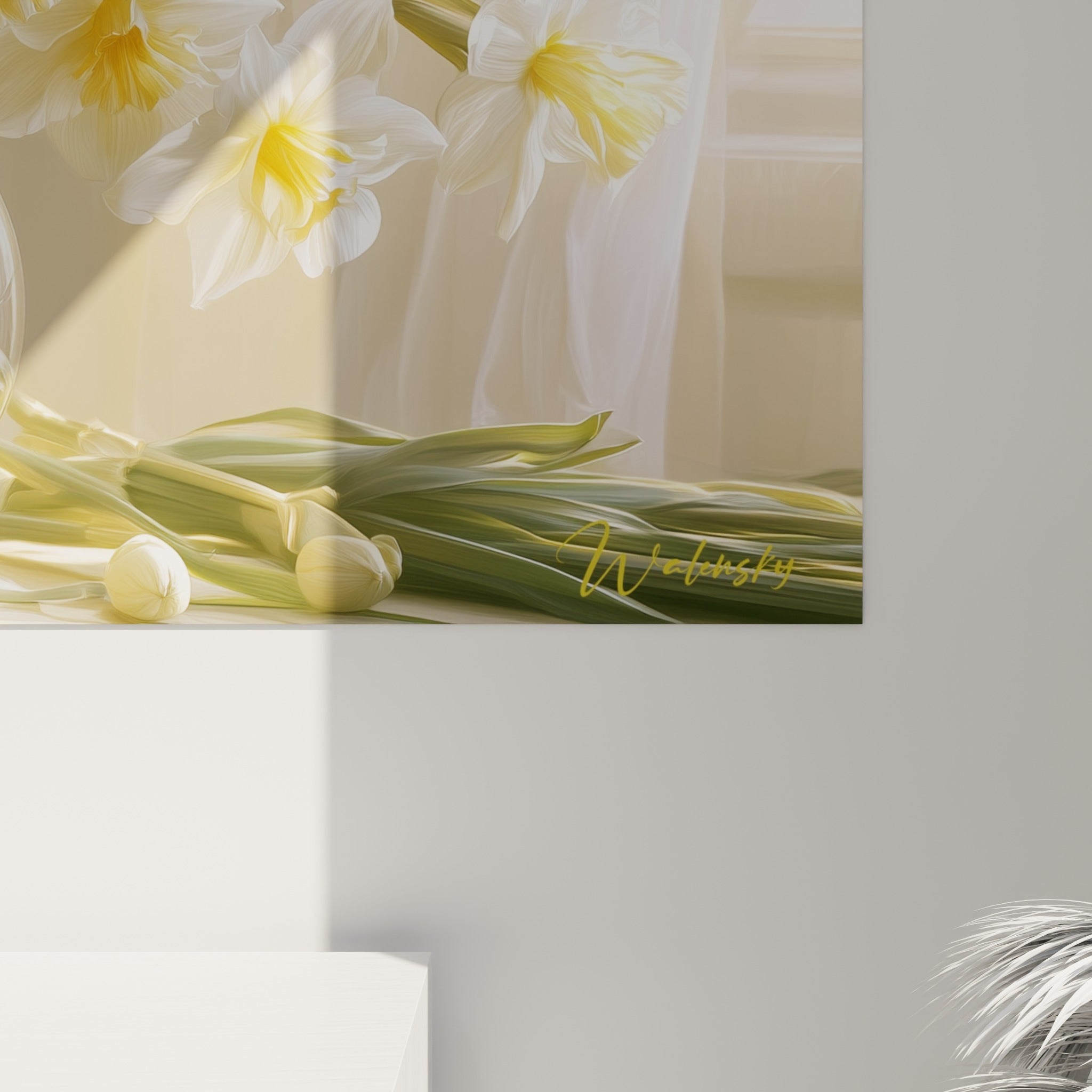 Détail du grain pictural des pétales blancs et jaune doré des jonquilles sur la toile