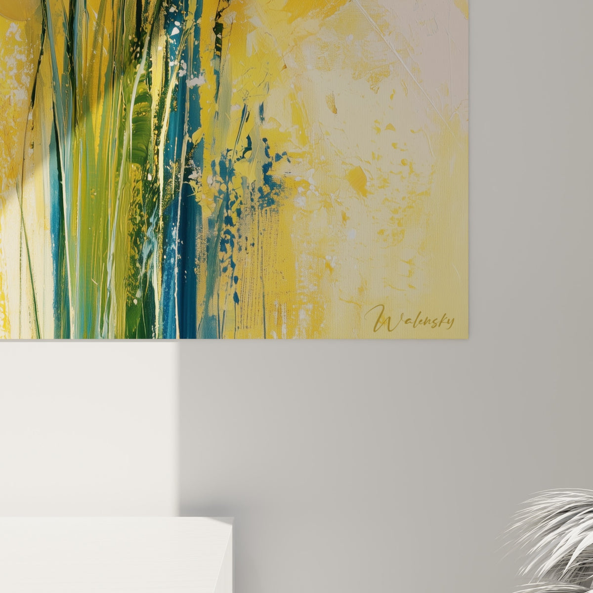 Empâtements épais de peinture jaune et blanche révélant le grain et les coulures des jonquilles