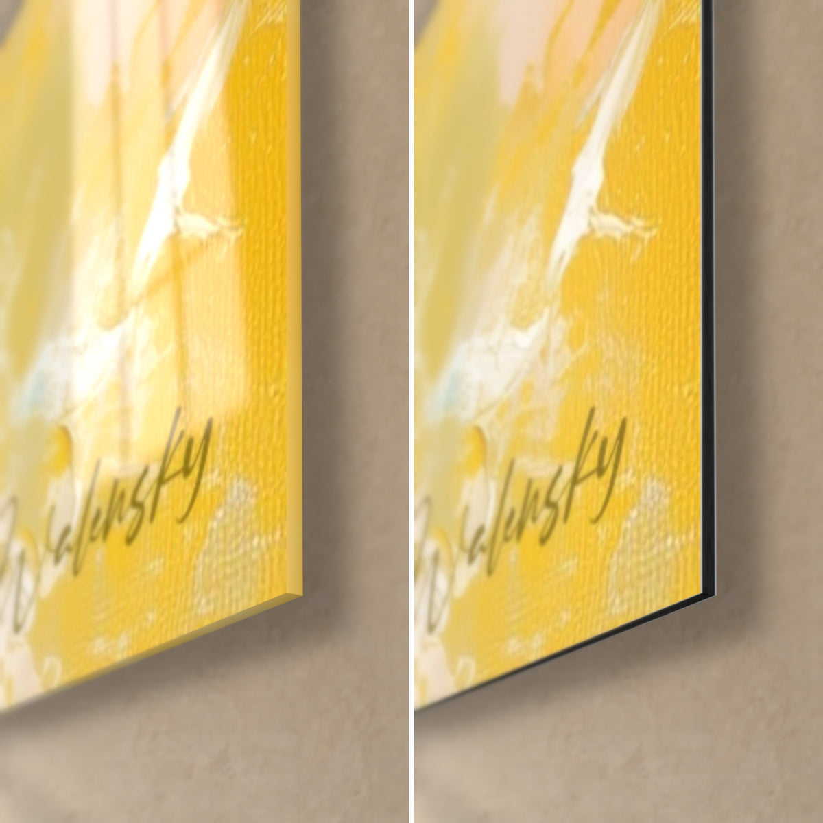 Tableau fleurs de jonquille jaune soleil et blanc crème, coin bas droit en verre brillant et alu Dibond mat, tranche 3 mm