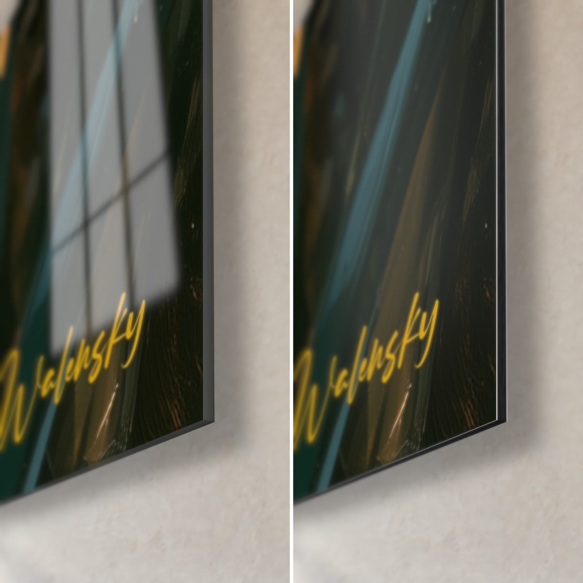 Quadro narcisi ocra dorati e foglie verde profondo, firma Walensky in basso a destra, vetro acrilico lucido a sinistra, alluminio Dibond opaco a destra