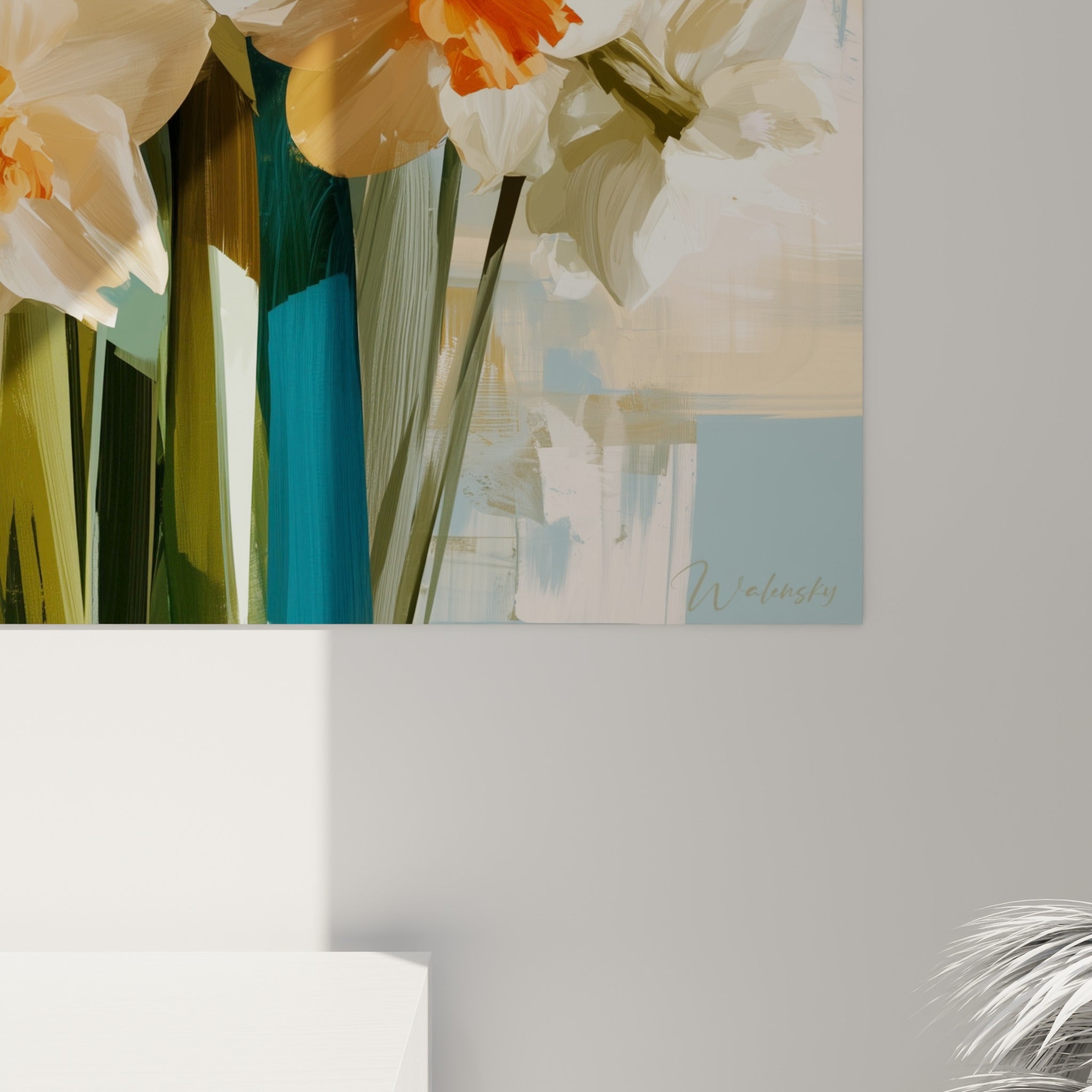 Pétales de jonquille blancs et orangés révélant le grain de peinture et les empâtements du tableau