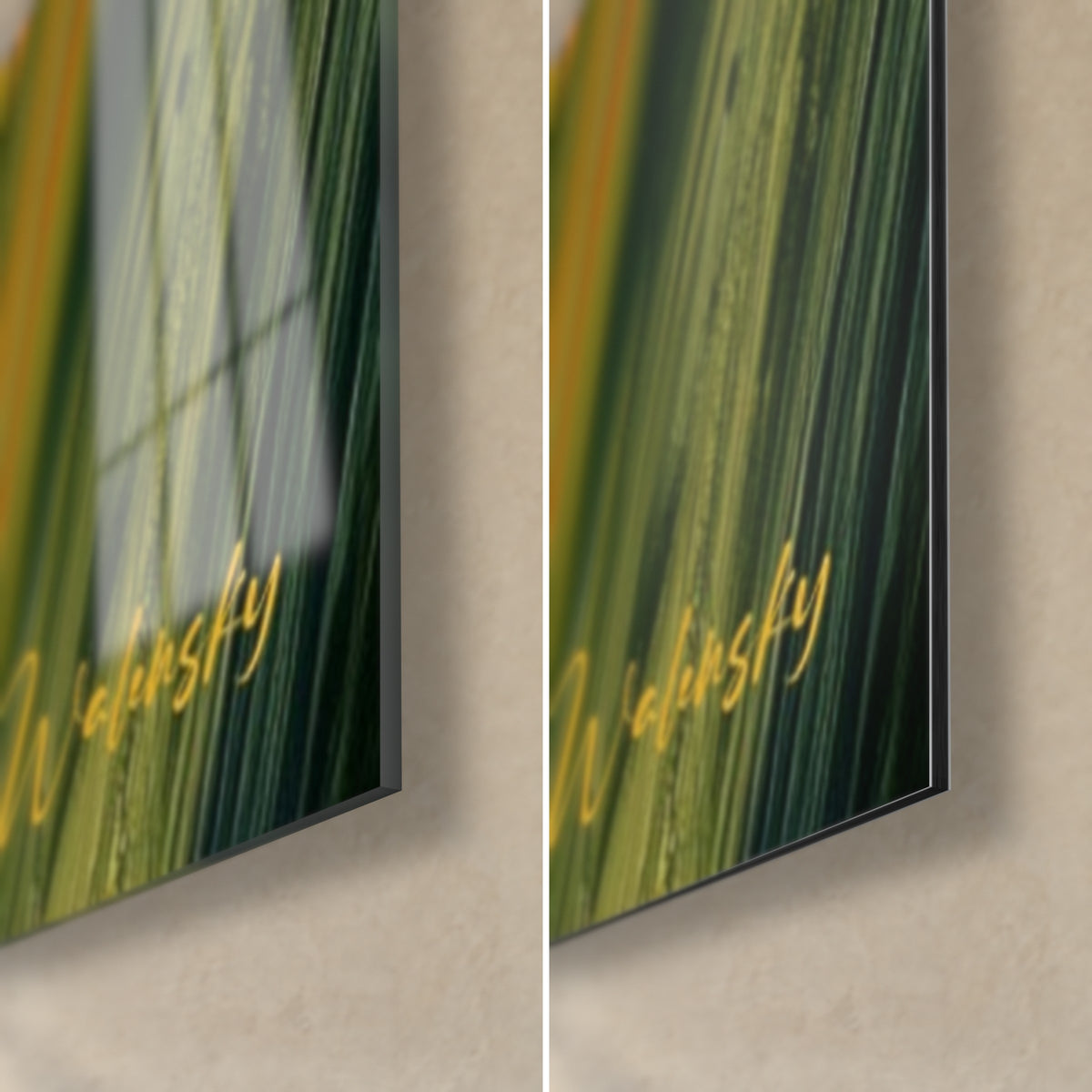 Cuadro flores de primavera con hojas verde oliva, esquina inferior derecha en cristal brillante y aluminio Dibond mate, grosor de 3 mm
