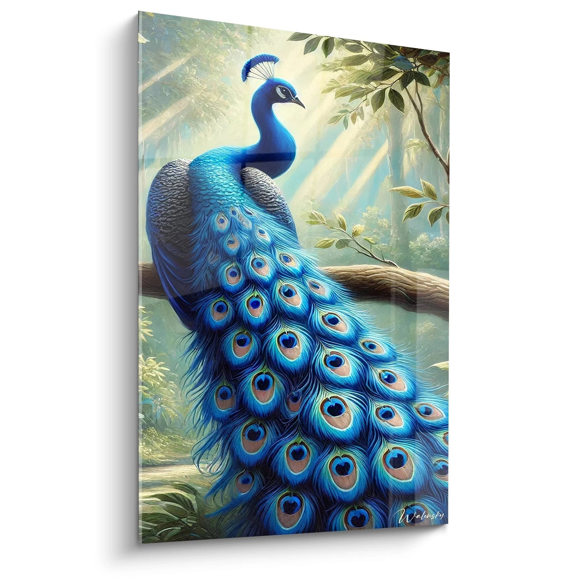 Ce tableau paon, vu de biais, dévoile la finesse des détails de ses plumes éclatantes. Un ajout majestueux à toute décoration murale, idéal pour une ambiance naturelle et apaisante.