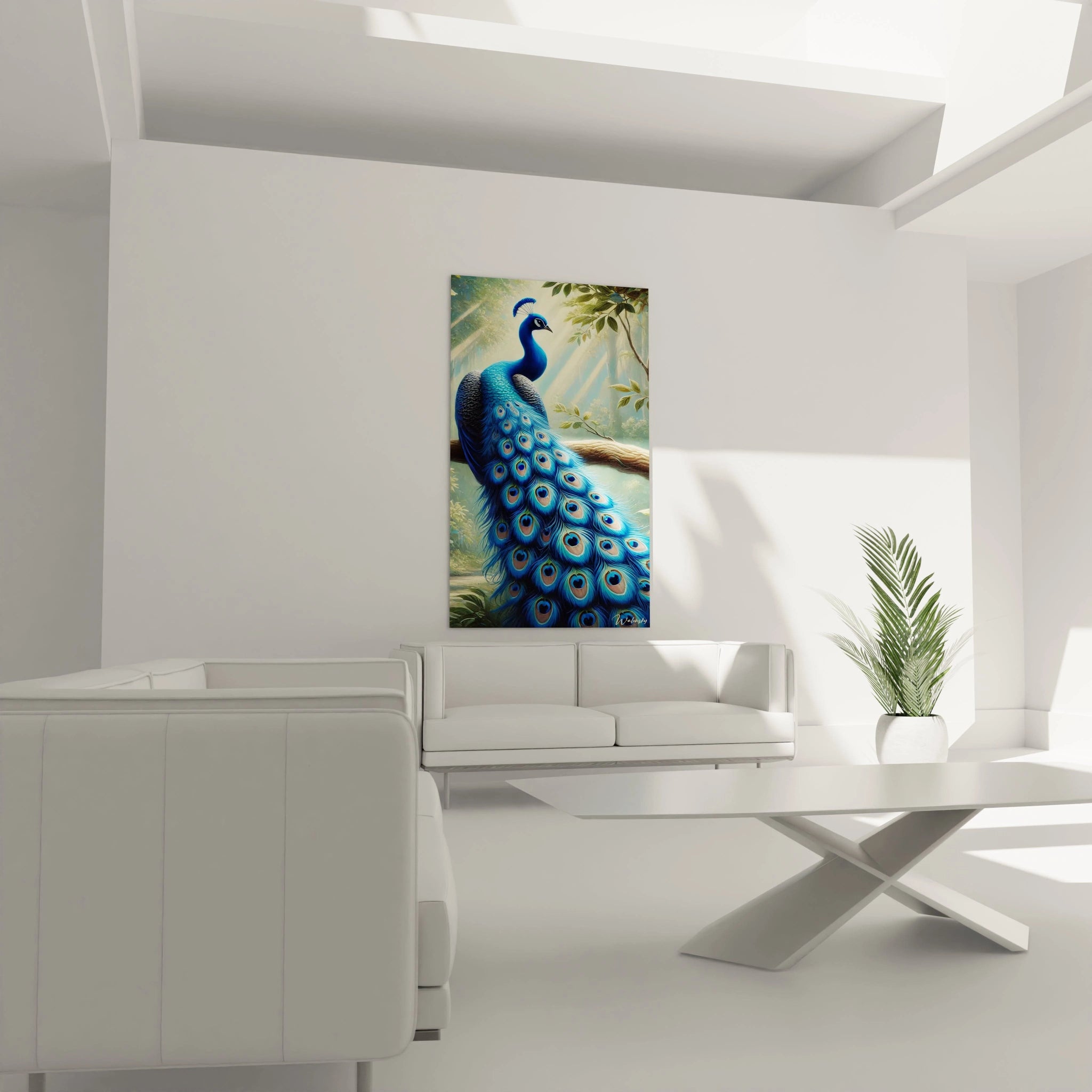 Accroché au-dessus d'un canapé, ce tableau paon apporte une touche d’élégance et de nature à votre salon. Ses couleurs vives et sa composition équilibrée transforment votre espace en une oasis de sérénité.