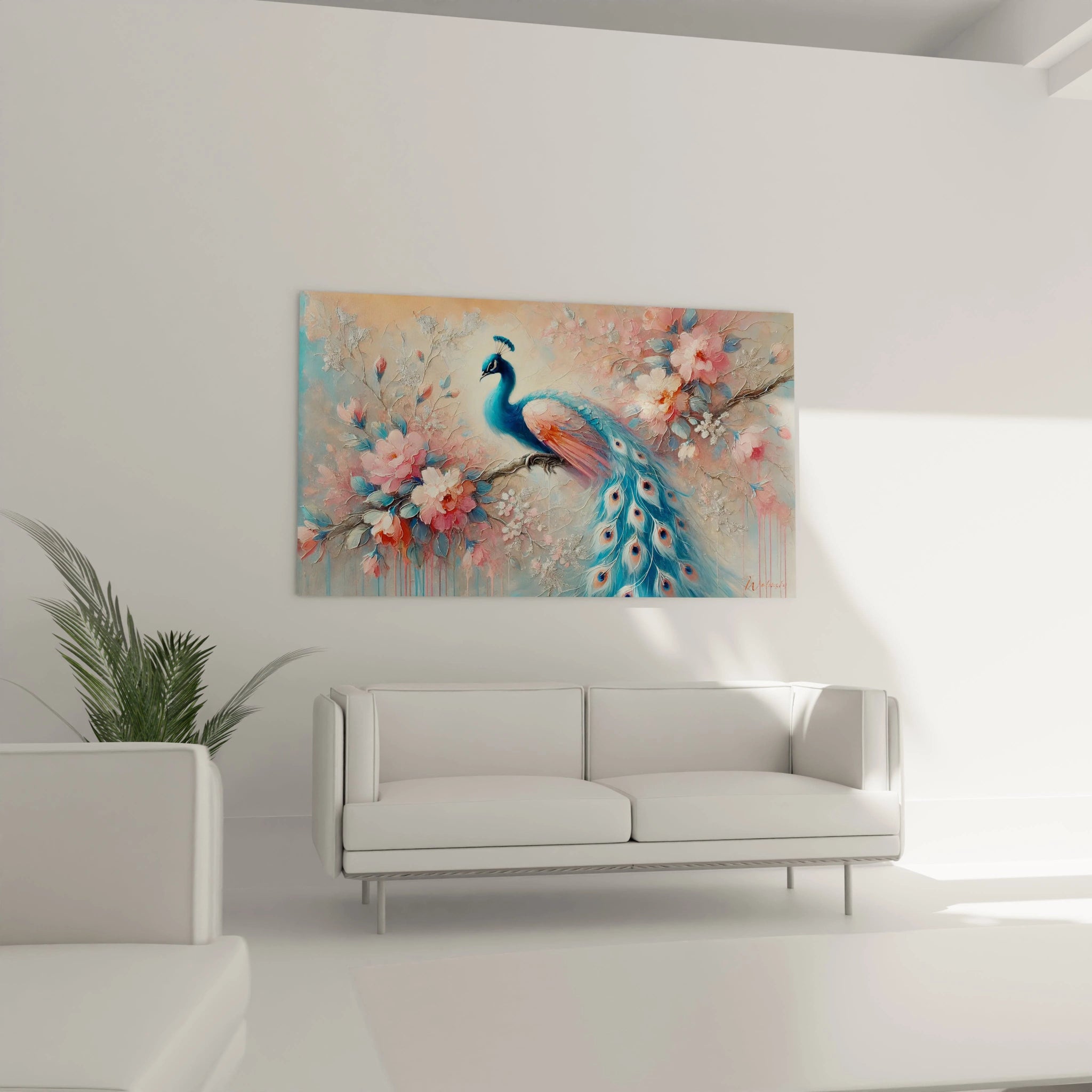 Dans un salon, ce tableau paon apporte une élégance naturelle. Accroché au-dessus d’un canapé, il transforme l’espace en un havre de paix grâce à ses couleurs et détails soignés.