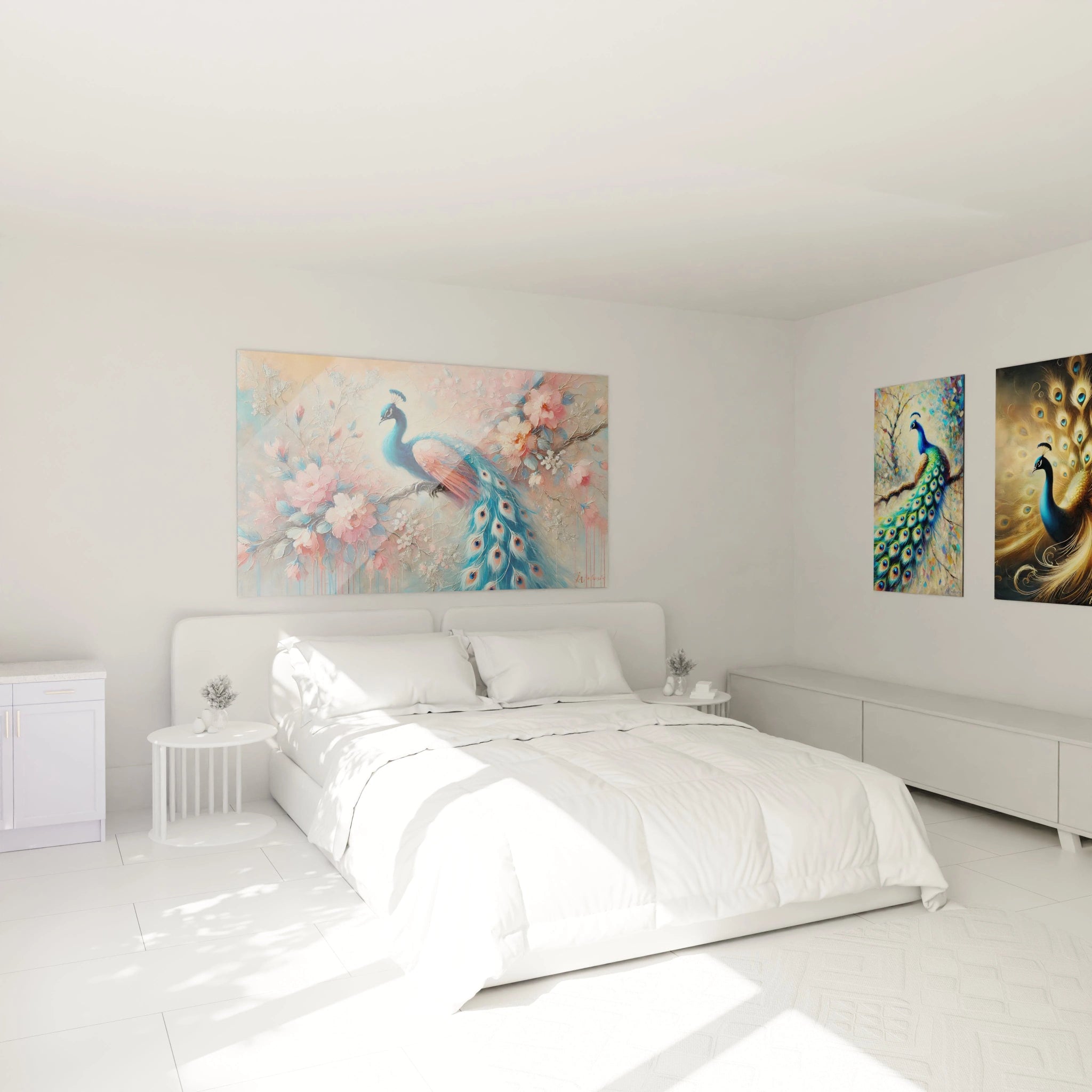 Ce tableau paon sublime une chambre en étant accroché au-dessus du lit. Ses teintes pastel et son style élégant créent une ambiance relaxante et pleine de charme naturel.