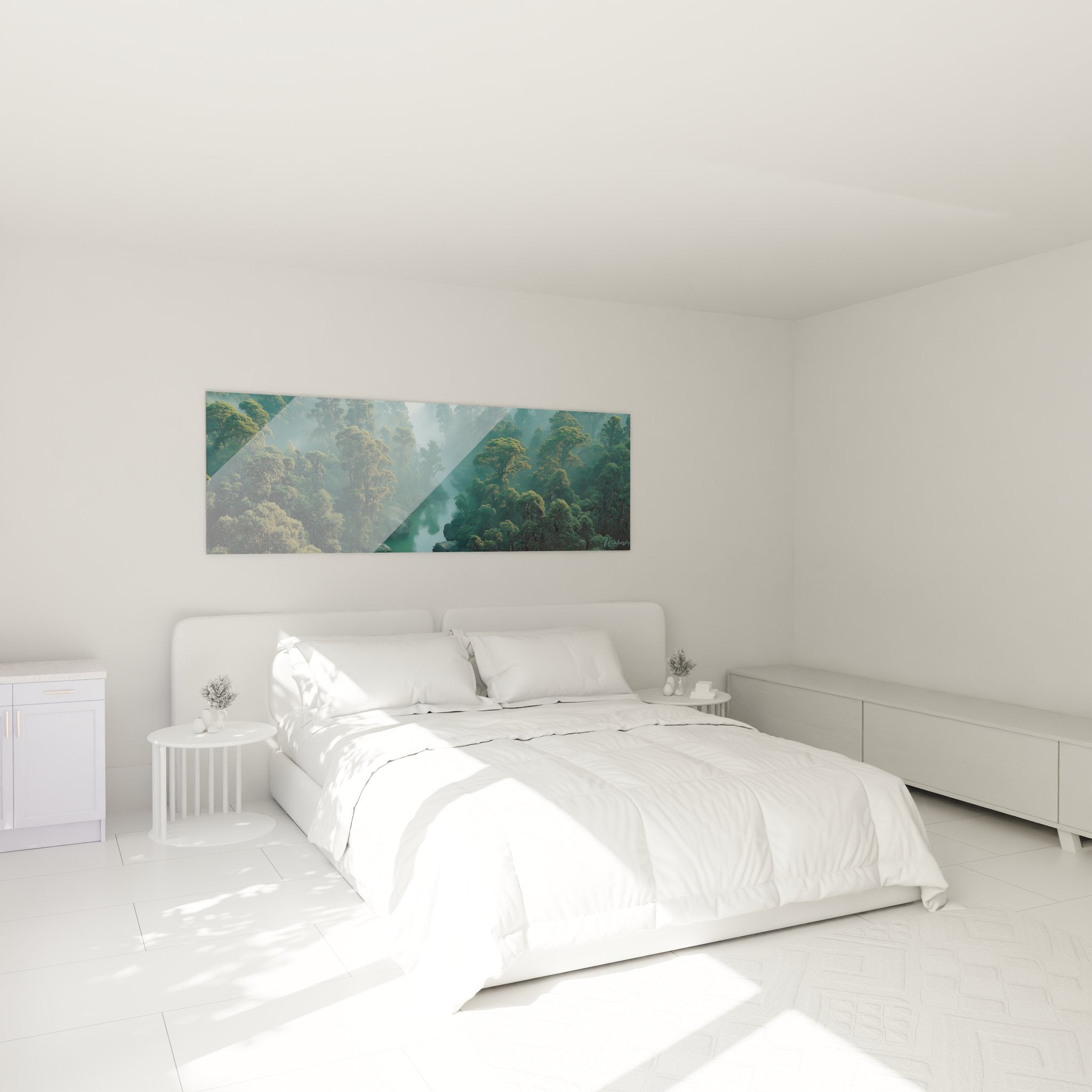 Tableau jungle brumeuse installé dans chambre moderne, ambiance nature relaxante et mystérieuse