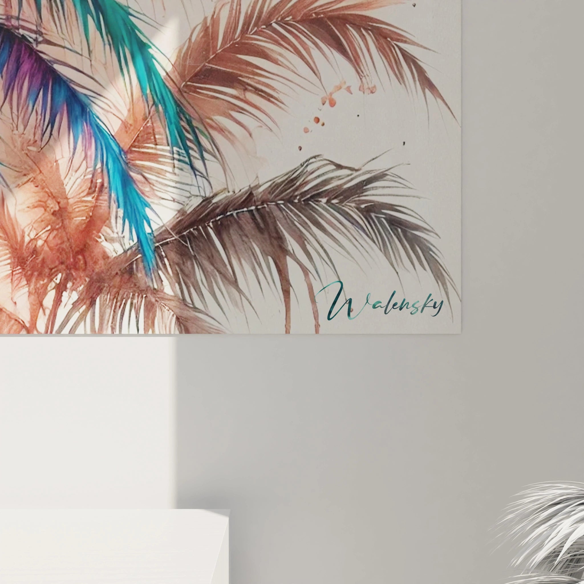 Vue de près du tableau palmier montrant les détails des feuilles et des couleurs intenses. Une texture unique qui évoque la nature tropicale et apporte une touche dynamique à votre intérieur.