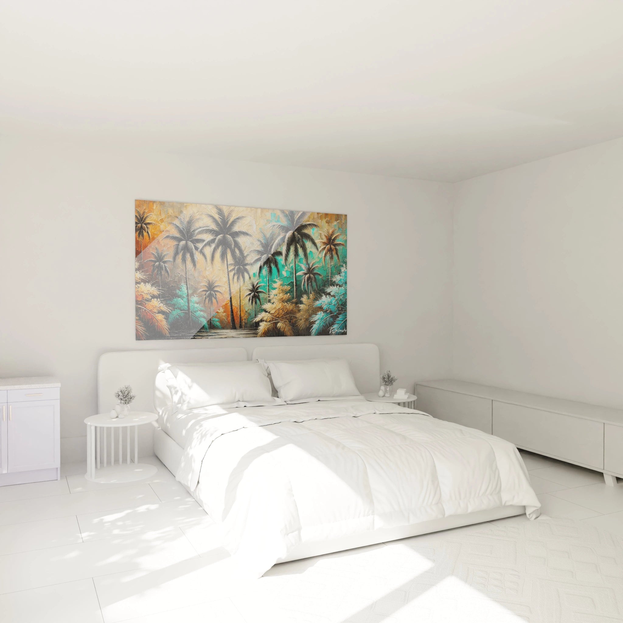 Tableau palmier accroché dans une chambre au-dessus du lit, apportant une atmosphère apaisante et exotique. Les nuances d'orange et de vert ajoutent une touche tropicale pour un décor relaxant.