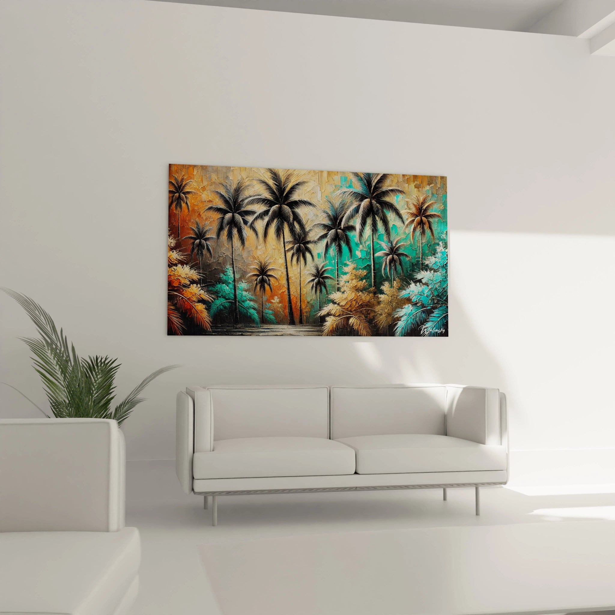 Ce tableau palmier suspendu au-dessus d'un canapé transforme le salon en oasis tropicale. Les couleurs vibrantes et le style artistique en font un choix parfait pour un espace lumineux.