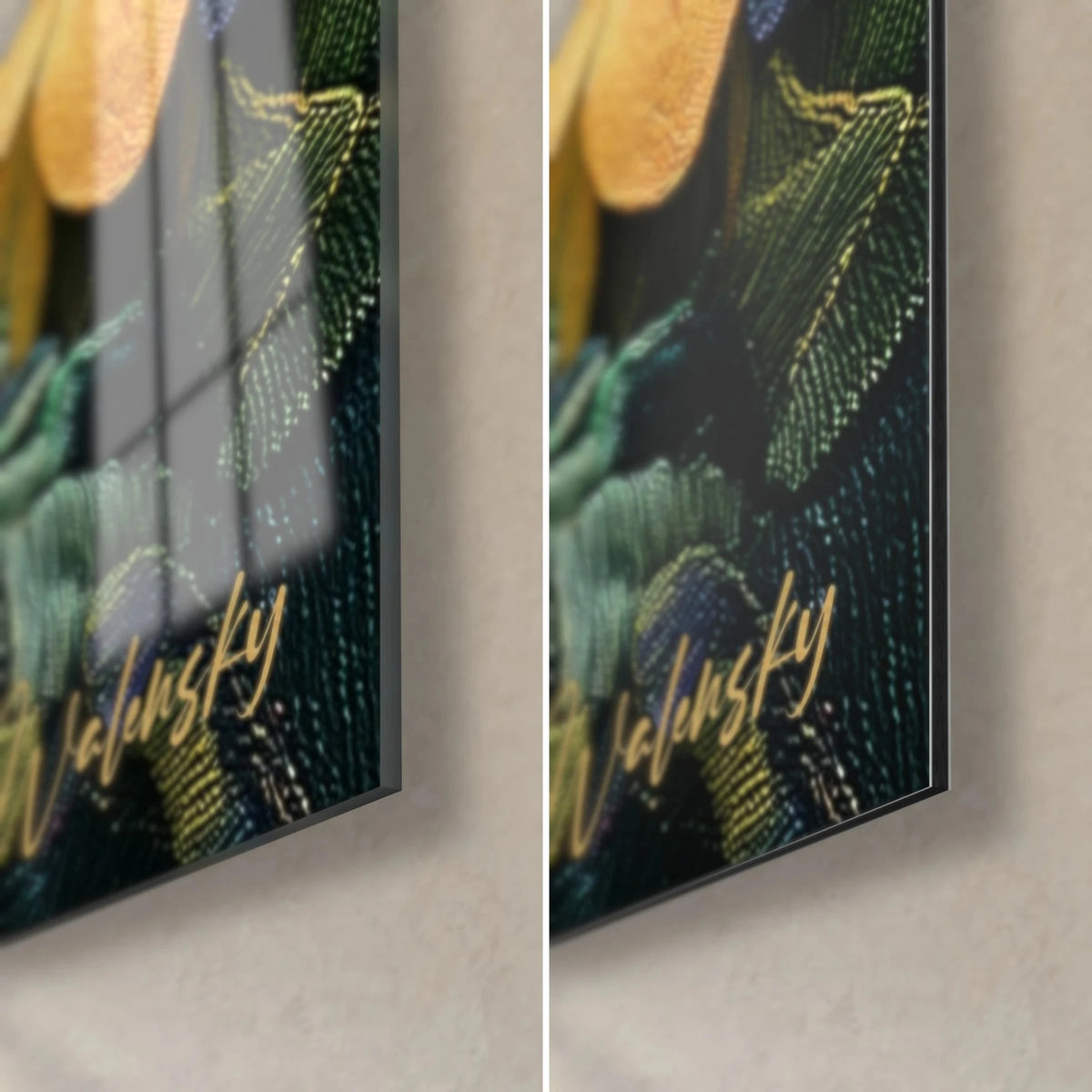 Tableau feuillage en point de crochet vert profond, coin bas droit en verre brillant et Dibond mat, signature dorée Walensky