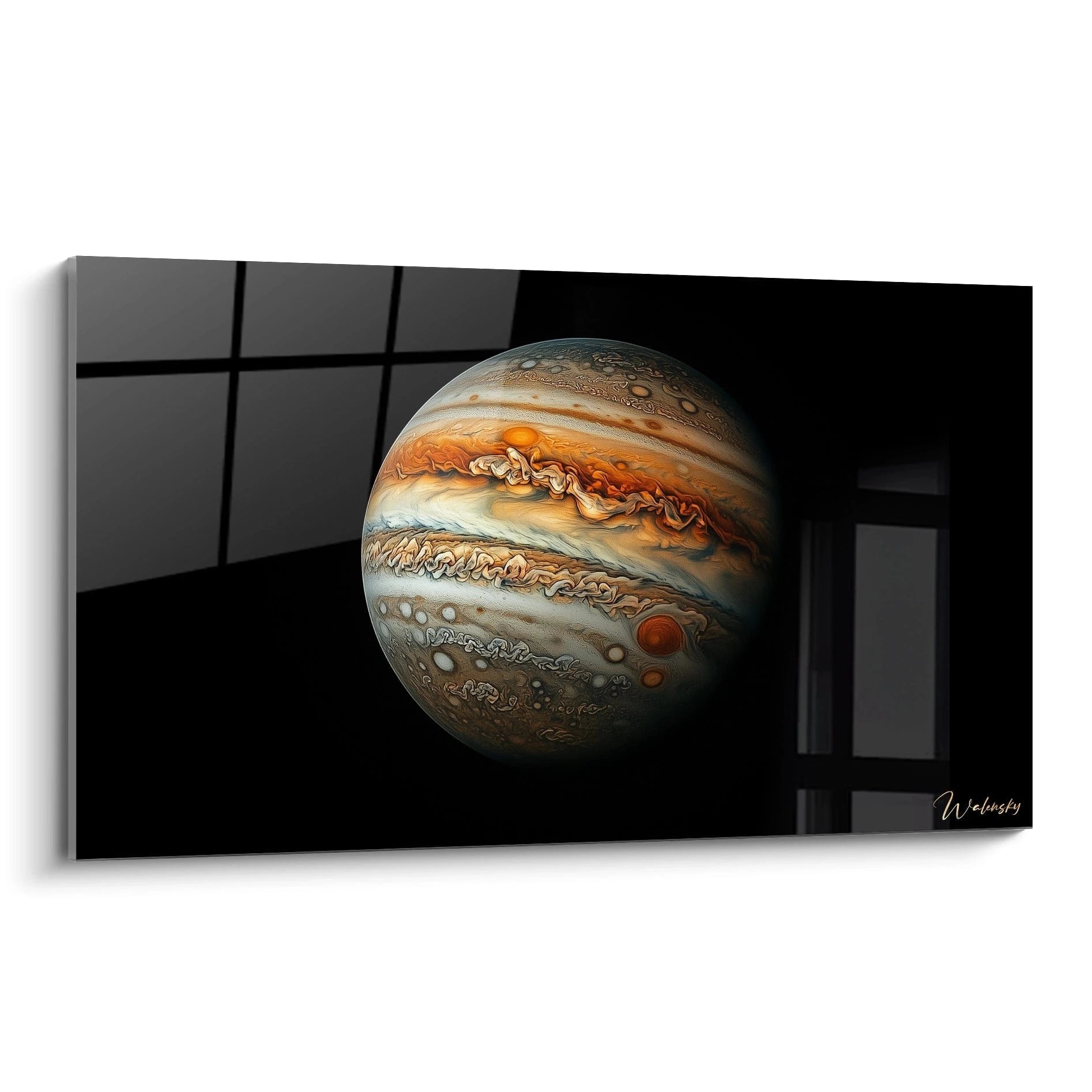 Un tableau espace représentant une planÚte aux teintes orange, blanc et marron, avec des tourbillons nuageux et des effets de relief donnant une impression de profondeur atmosphérique.