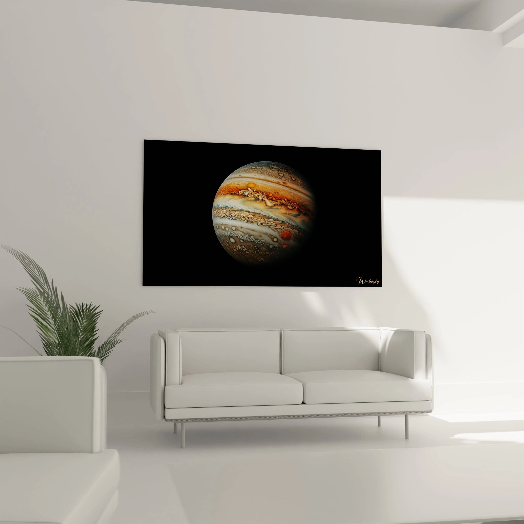 Un tableau espace mettant en scÚne une planÚte aux couleurs dominantes orange et marron, avec des strates nuageuses dynamiques et des variations de luminosité créant un effet de volume marqué.