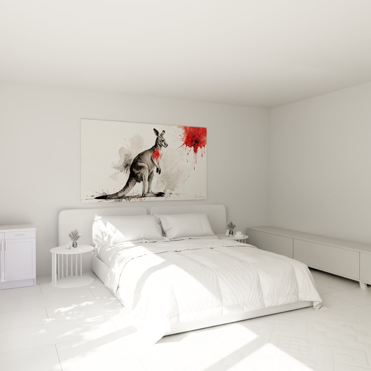 Silhouette de kangourou aquarelle gris et rouge écarlate, accrochée au-dessus d'un lit dans une chambre claire