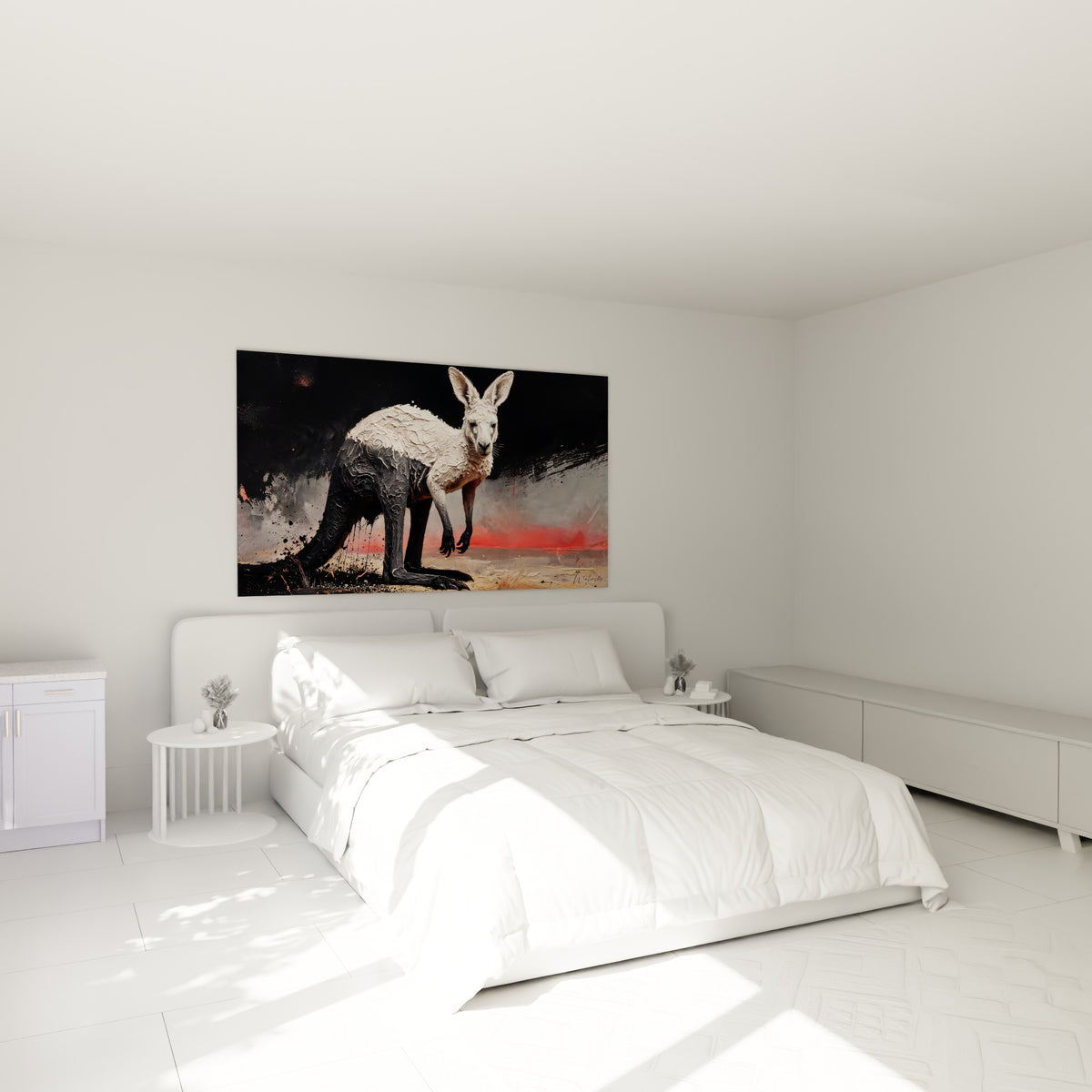 Silhouette de kangourou blanc et noir aux pattes sombres accrochée au-dessus d'un lit dans une chambre claire
