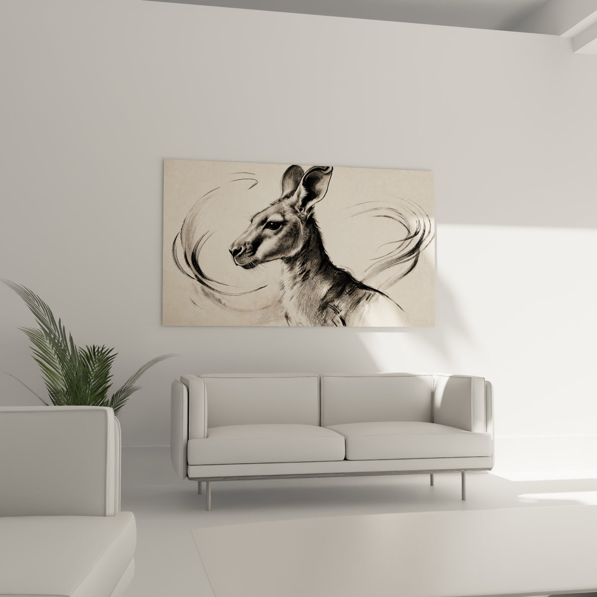 Profil de kangourou aux tons anthracite et crème, mouvement tourbillonnant, au-dessus d'un canapé dans un salon lumineux