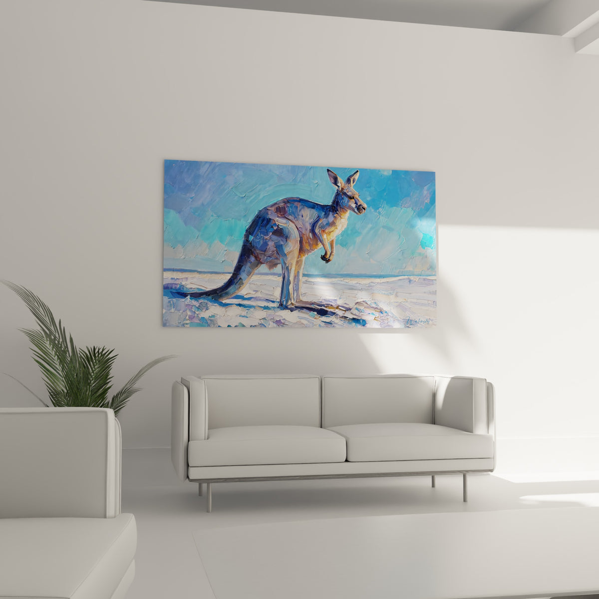 Kangourou texturé aux tons bleu pastel et bruns, disposé au-dessus d'un canapé dans un salon lumineux