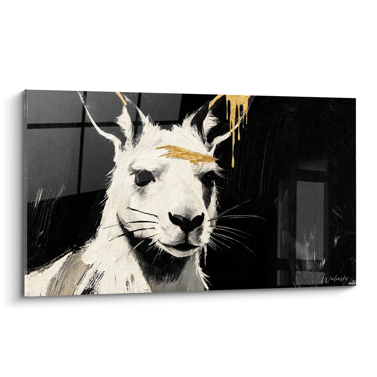 Portrait de Kangourou blanc et noir, coulures dorées sur le front, fond anthracite intense