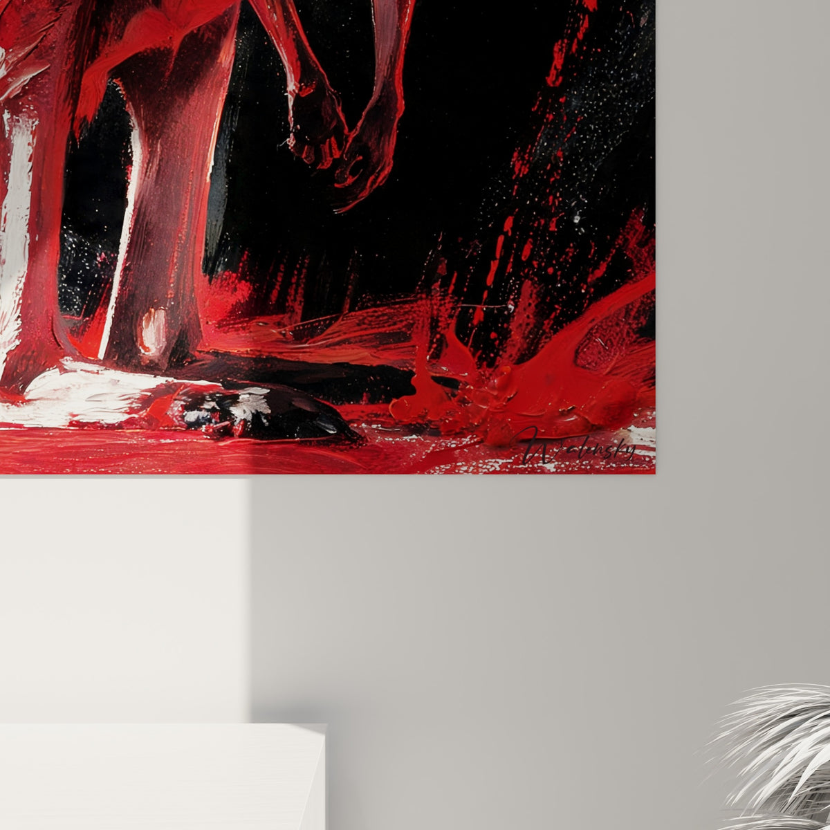 Matière picturale du kangourou : coulures rouges, grain blanc éclatant et fond noir texturé en gros plan.