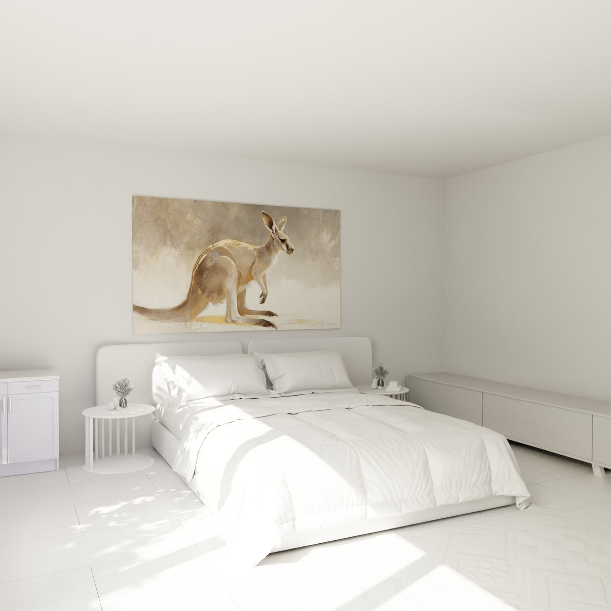 Silhouette de kangourou beige aux touches dorées, au-dessus d'un lit dans une chambre claire