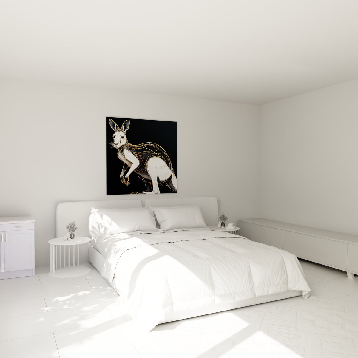 Silhouette de kangourou doré et anthracite au-dessus d'un lit dans une chambre claire