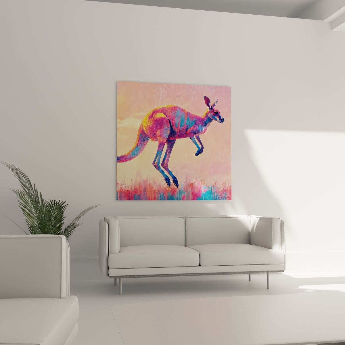 Silhouette dorée et bleutée d'un kangourou en course au-dessus d'un canapé dans un salon lumineux