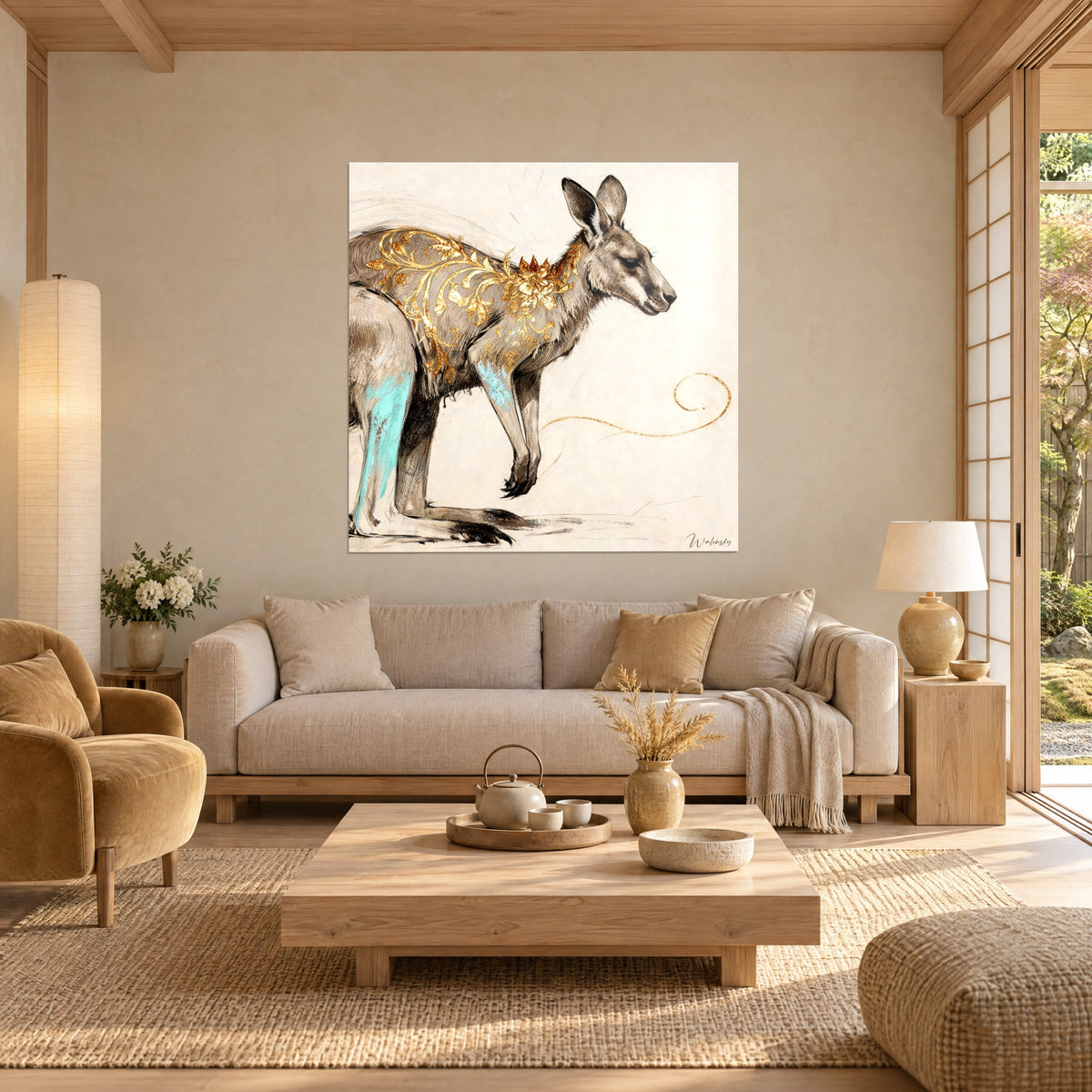 Silhouette de kangourou doré et turquoise accrochée au-dessus d'un lit dans une chambre claire