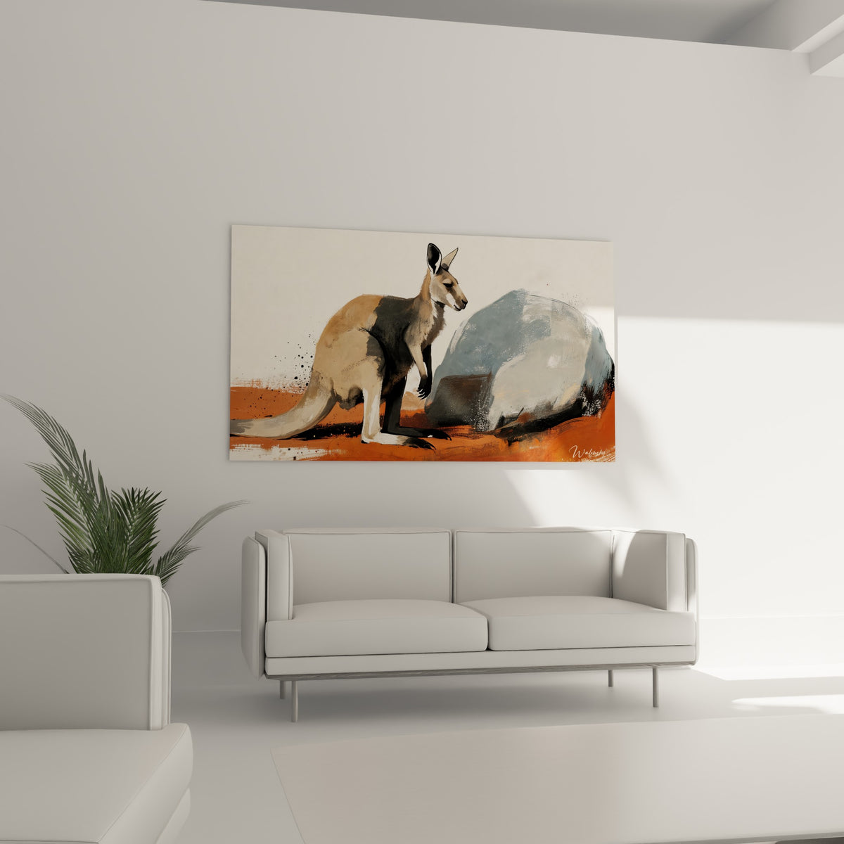 Silhouette de kangourou ocre et gris posée près d'un rocher, au-dessus d'un canapé dans un salon lumineux