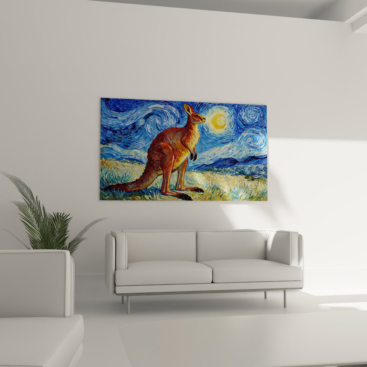 Kangourou ocre et bleu marine face à la lune peinte, au-dessus d'un canapé dans un salon lumineux