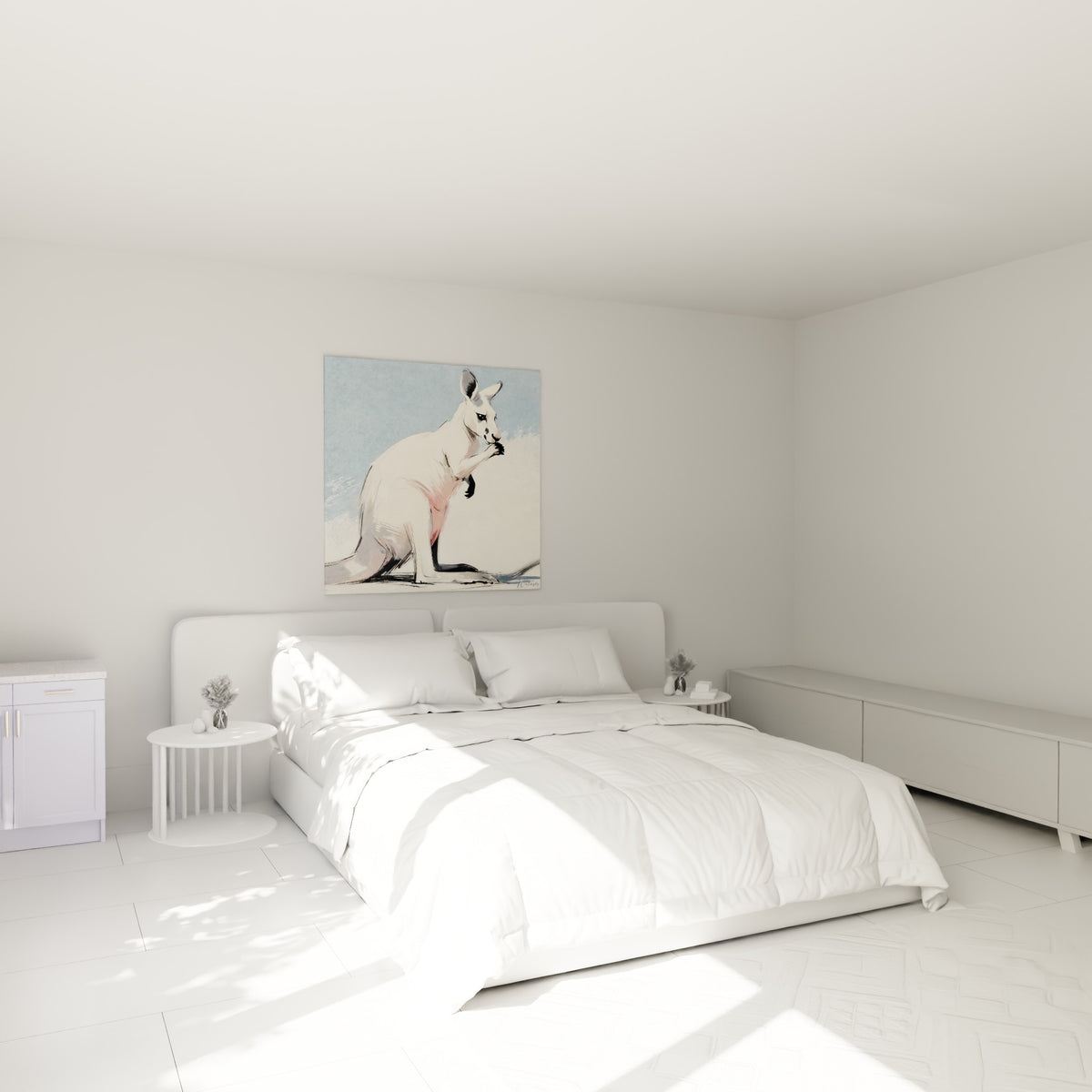 Kangourou esquissé en blanc et rose pâle, accroché au-dessus d'un lit dans une chambre claire