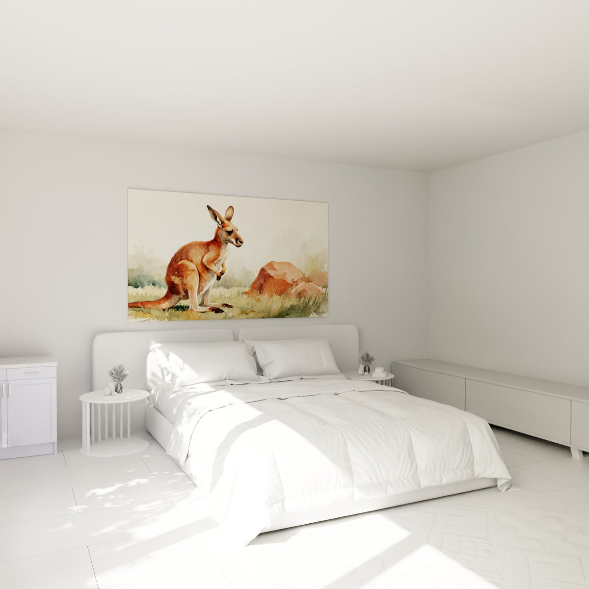 Marsupial roux avec son petit dans la poche, tons ocre et vert sauge, au-dessus d'un lit dans une chambre claire