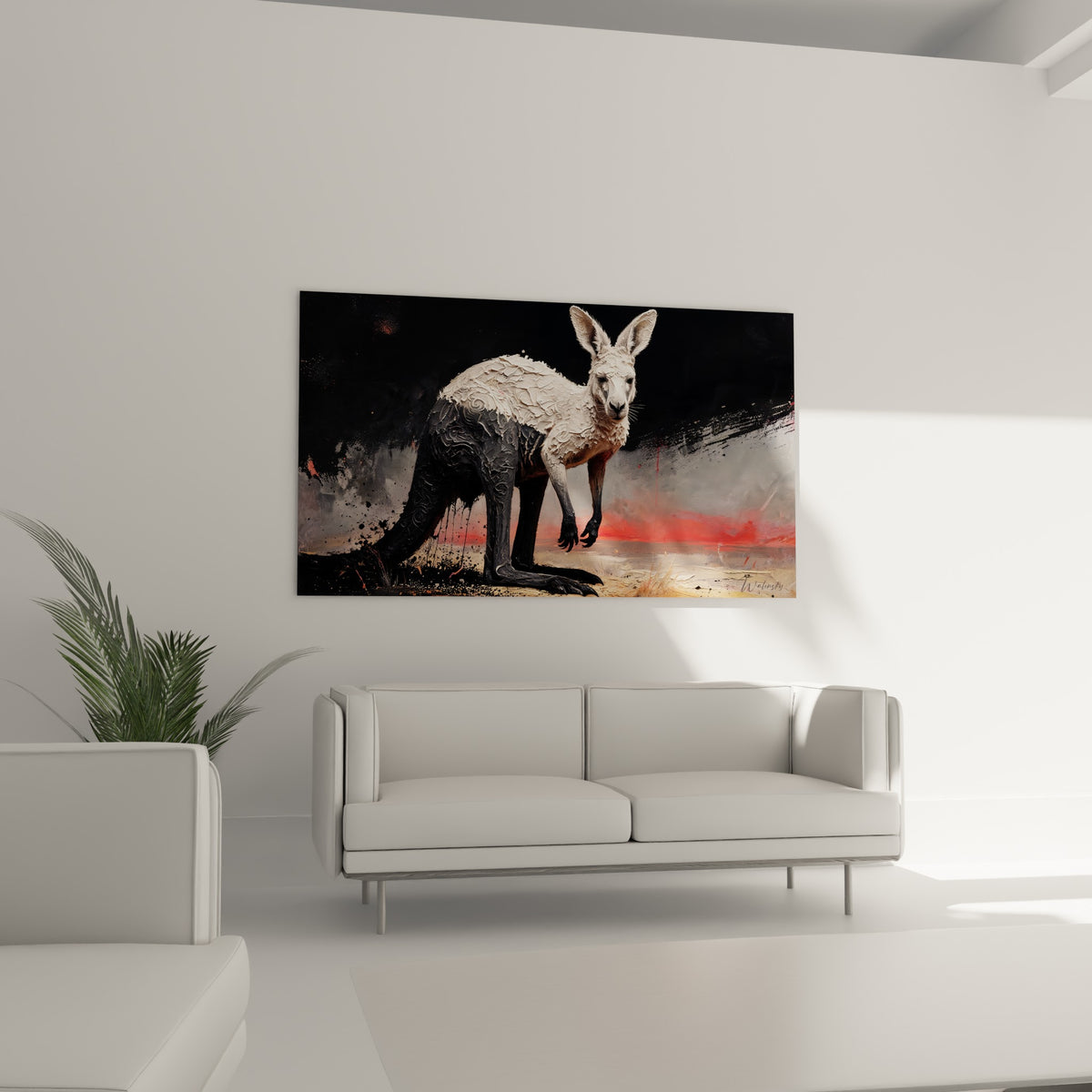 Regard intense du kangourou blanc et noir, éclat rouge en fond, accroché au-dessus d'un canapé dans un salon lumineux