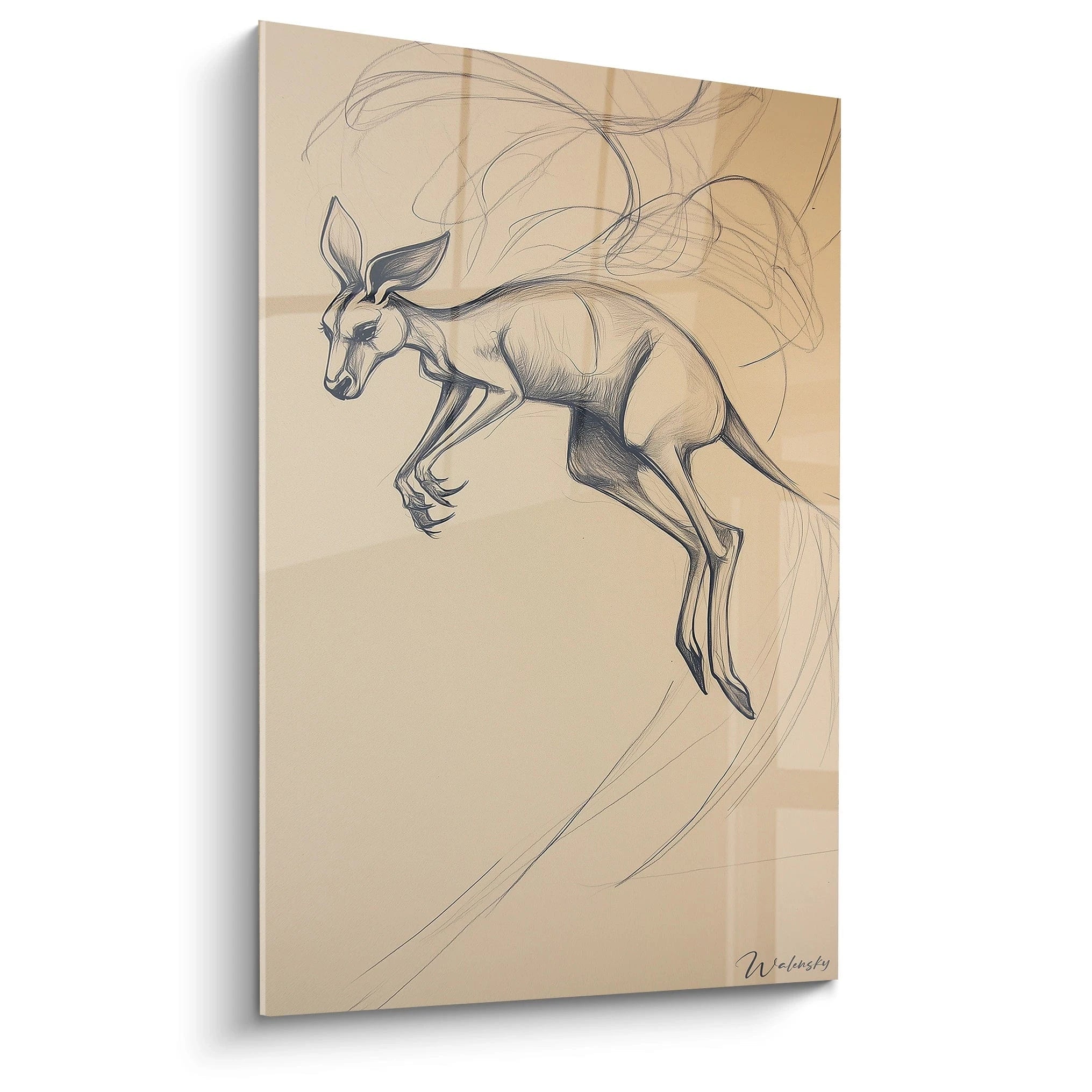 Tableau kangourou dessin au trait stylisé sur fond beige signé Walensky