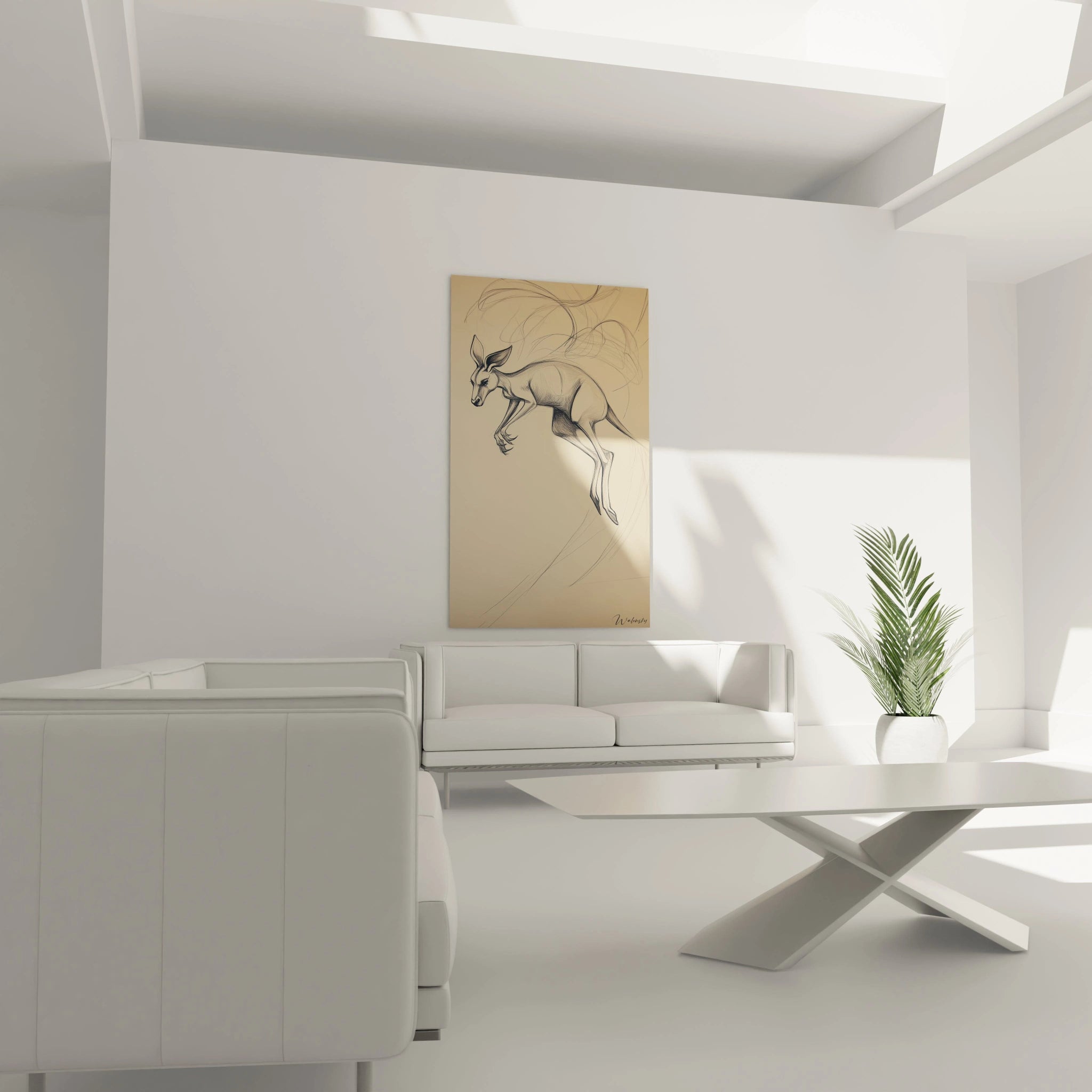 Tableau kangourou Walensky accroché dans un salon moderne avec canapé blanc et plante verte