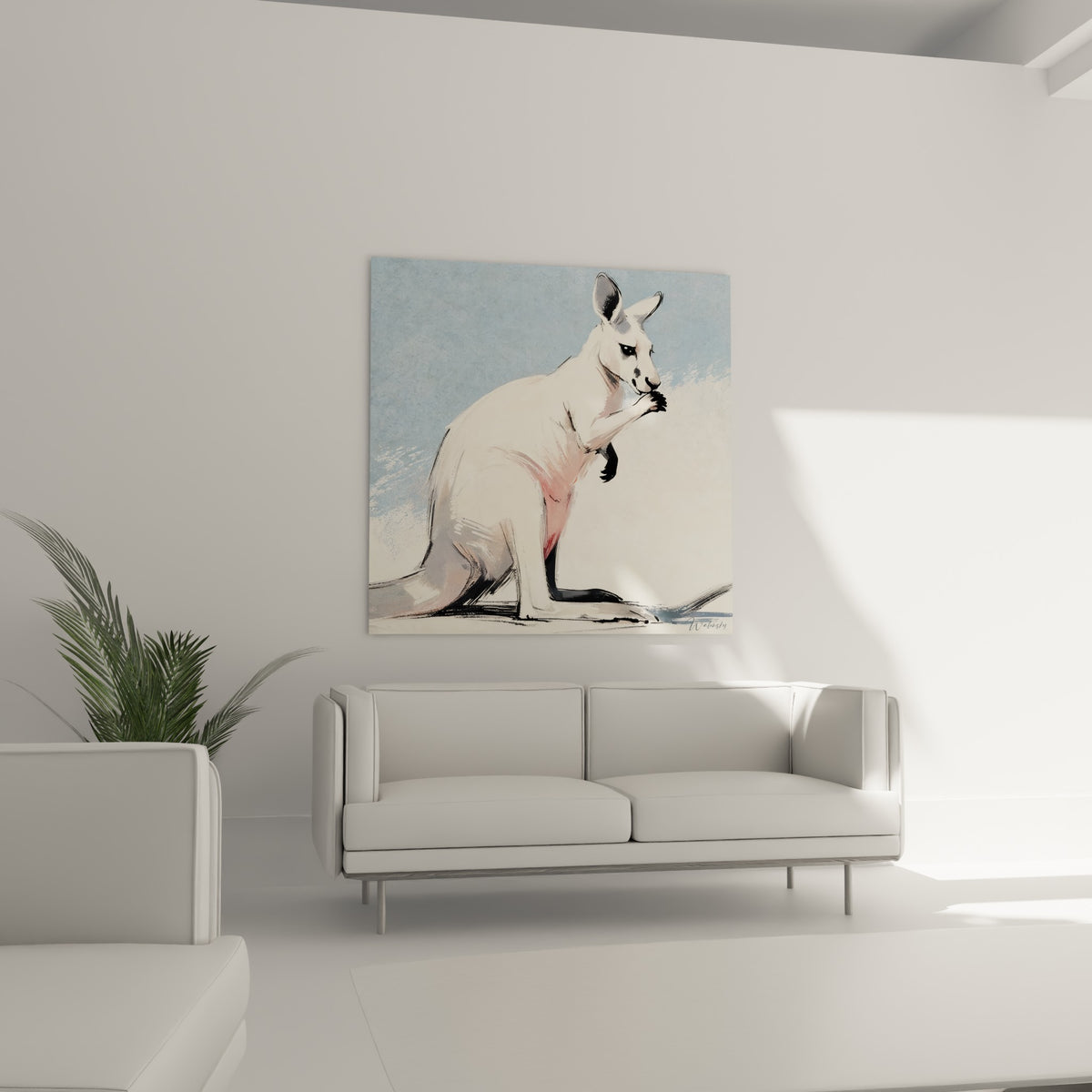 Silhouette de kangourou blanche et rosée sur fond bleu, au-dessus d'un canapé dans un salon lumineux