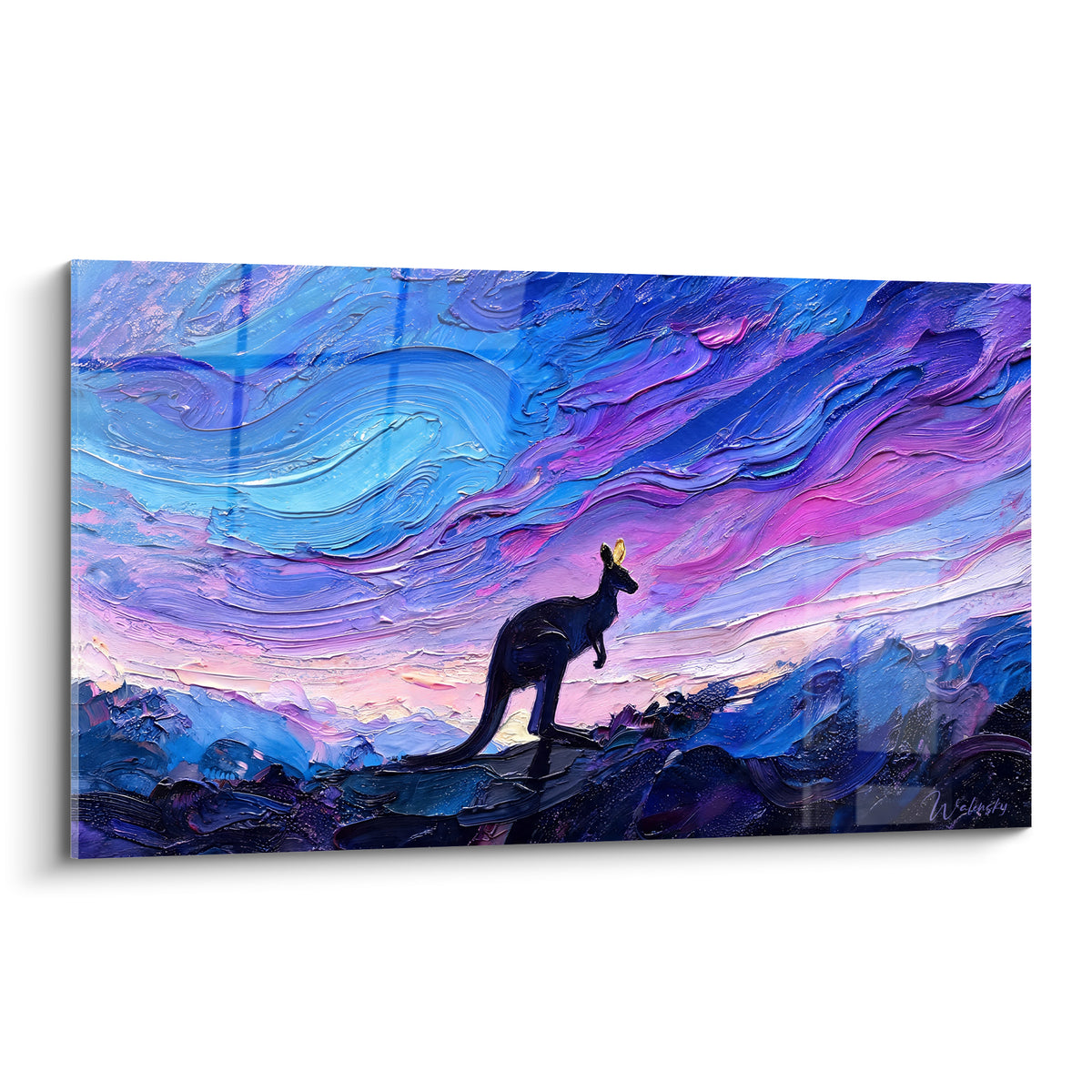 Kangourou en silhouette bleu marine devant un ciel violet et rose tourbillonnant, empâtements épais