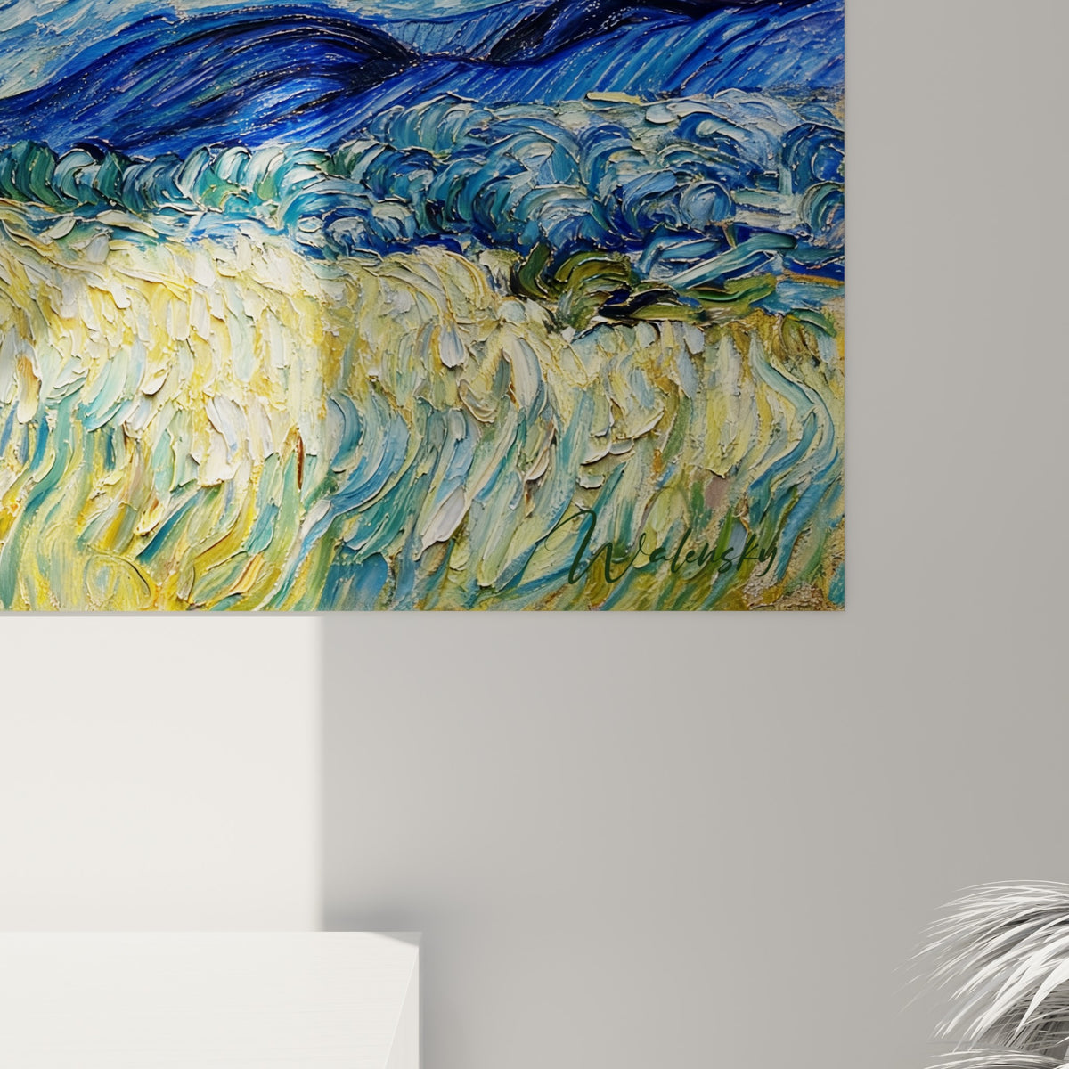 Empâtements épais de bleu marine et doré, coulures texturées formant les tourbillons célestes du tableau