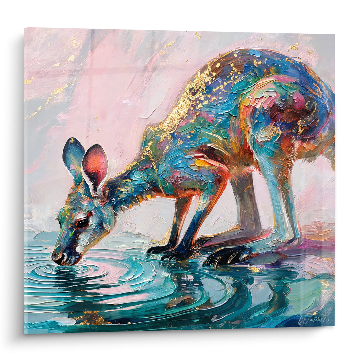 Kangourou penché boit à un point d'eau, pelage turquoise et doré, touches orangées vibrantes