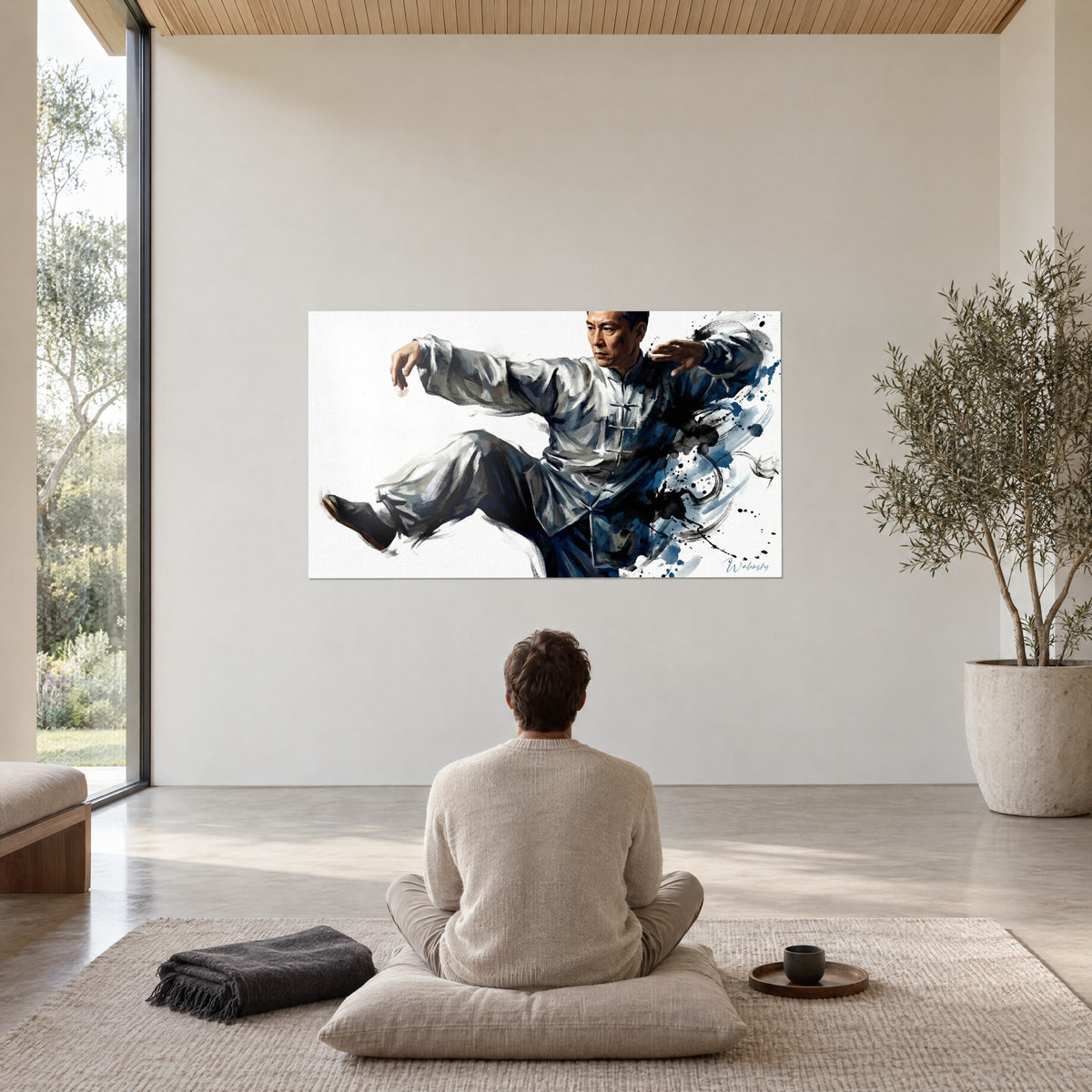 Tableau figure martiale en mouvement, tunique grise nuancée de blanc et d'encre bleu nuit, face à une personne assise en méditation