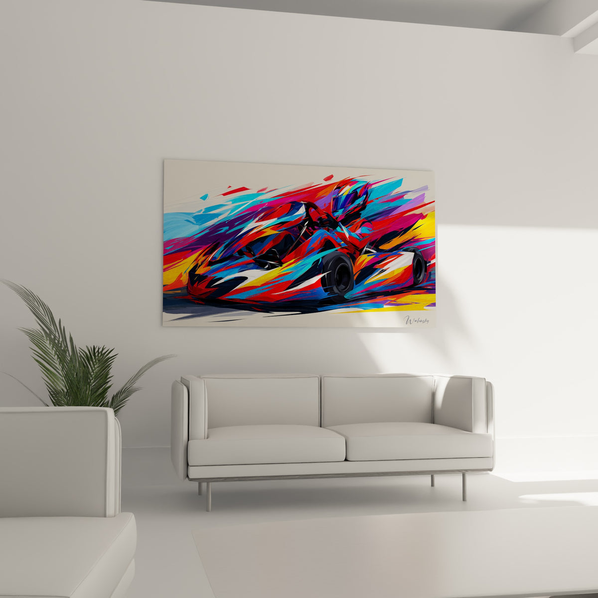 Carrosserie de kart rouge et bleu éclatée en formes géométriques, au-dessus d'un canapé dans un salon lumineux