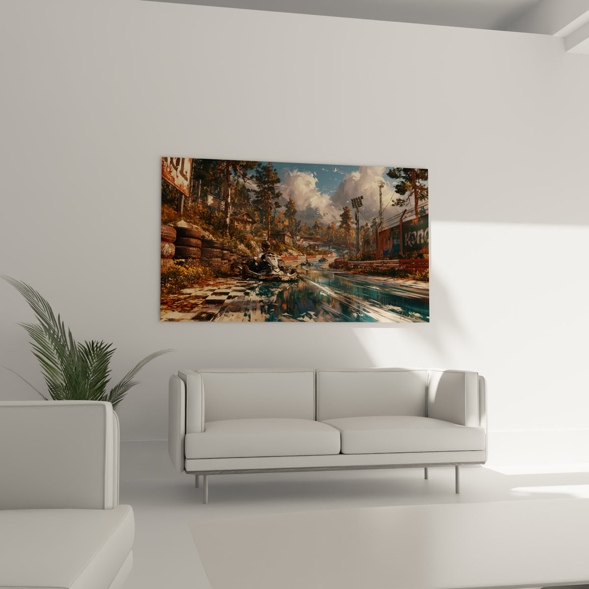 Circuit de karting bleu et terracotta avec pneus empilés, au-dessus d'un canapé dans un salon lumineux