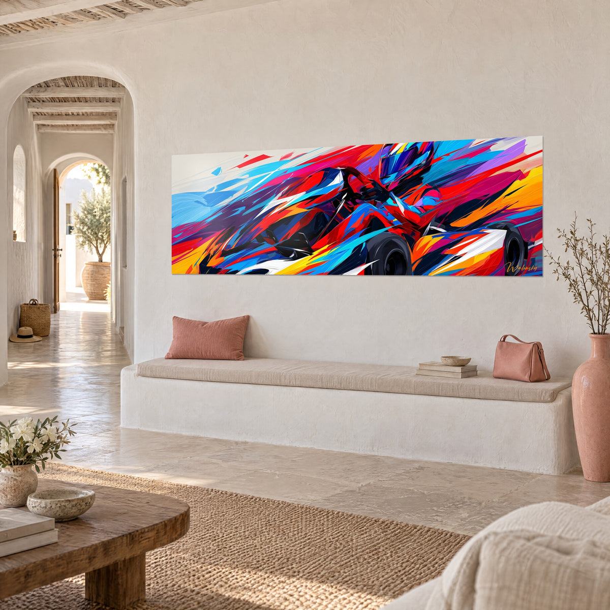 Quadro kart lanciato a tutta velocità, casco viola e pennellate arancioni, muro bianco di una casa mediterranea