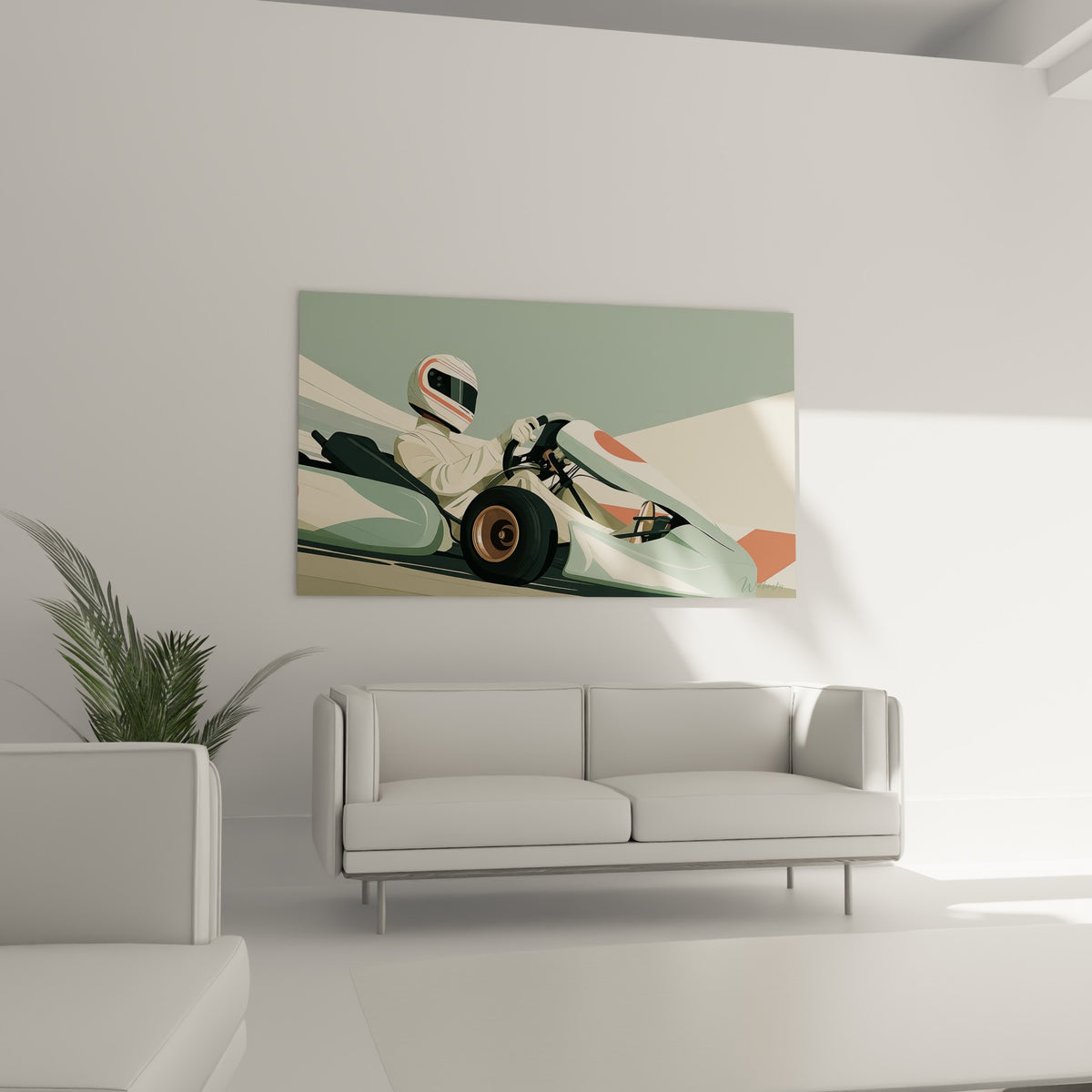 Casque rayé rouge et blanc, kart crème et corail en pleine action, au-dessus d'un canapé dans un salon lumineux