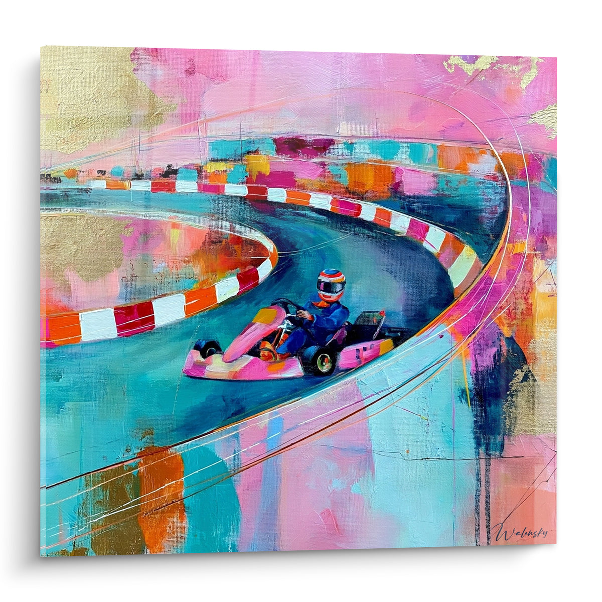 Kart rose et casque bleu filant sur piste turquoise bordée de corail dans virage peint