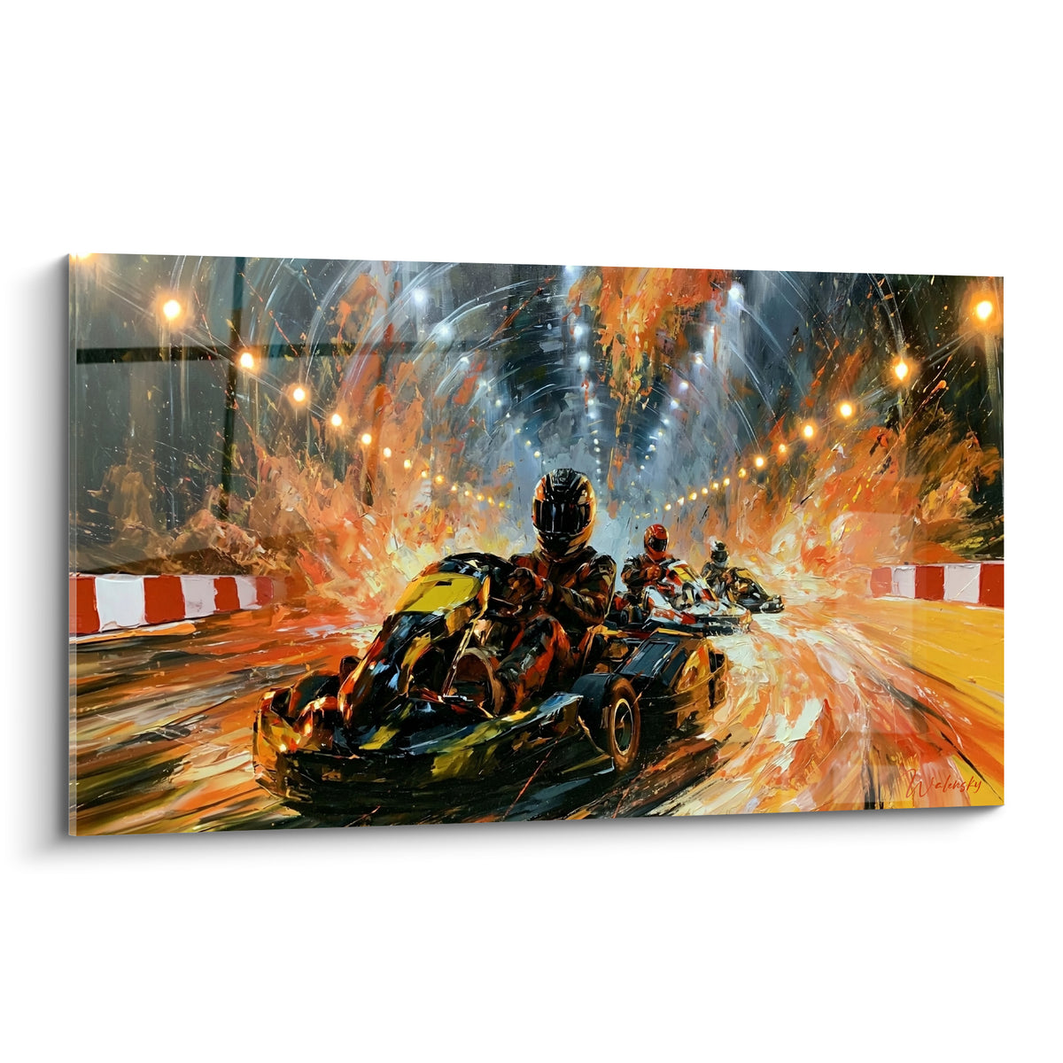 Pilote de kart casqué fonçant sur piste orange et noire, éclats de lumière dorée en arrière-plan