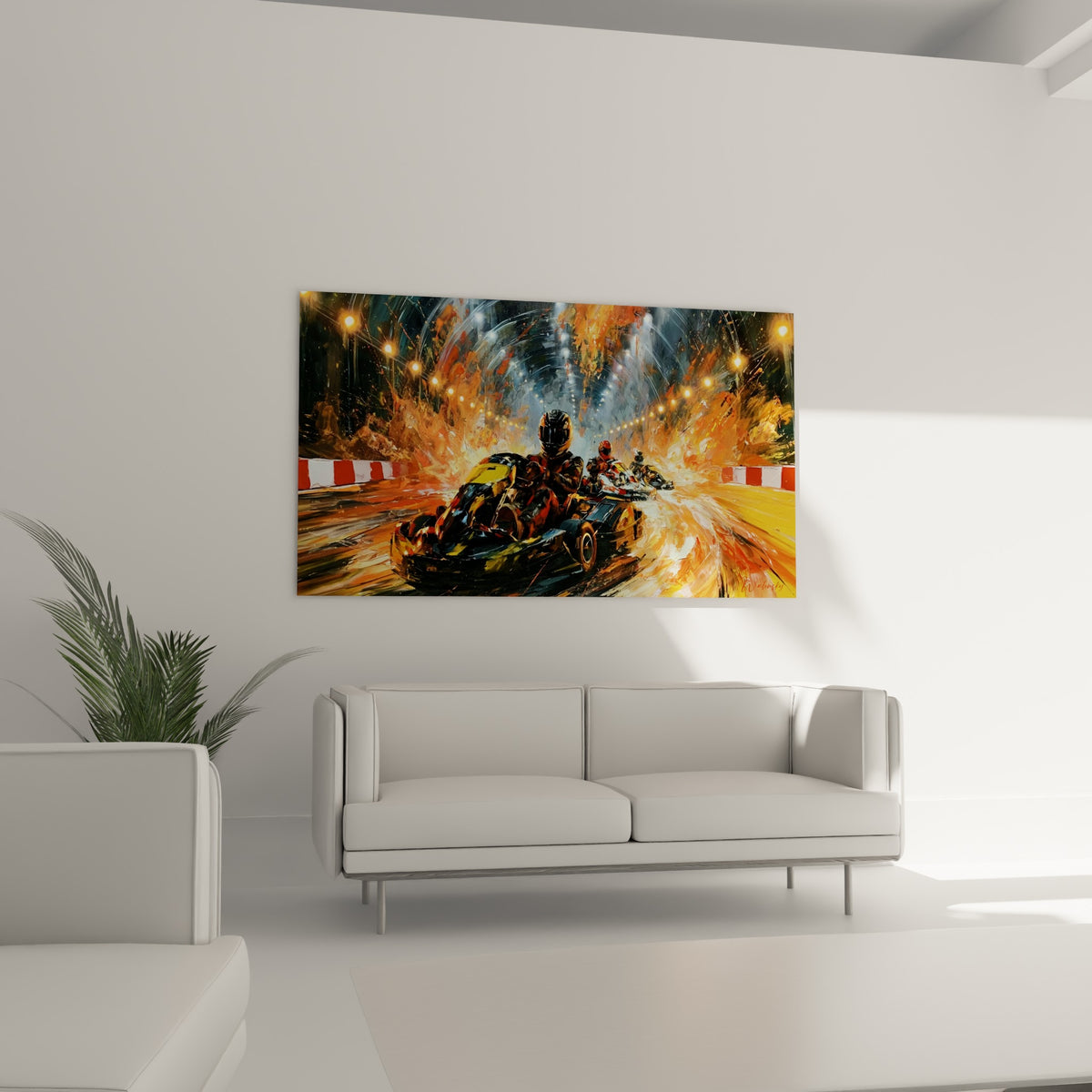 Kart jaune et noir filant en virage, lumière orange vibrante, placé au-dessus d'un canapé dans un salon lumineux