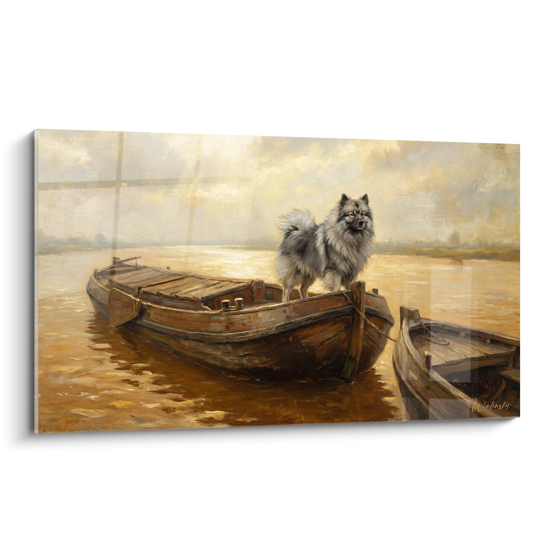 Tableau Keeshond gris et blanc sur barque de peche tons dores coucher soleil ambiance maritime nostalgique
